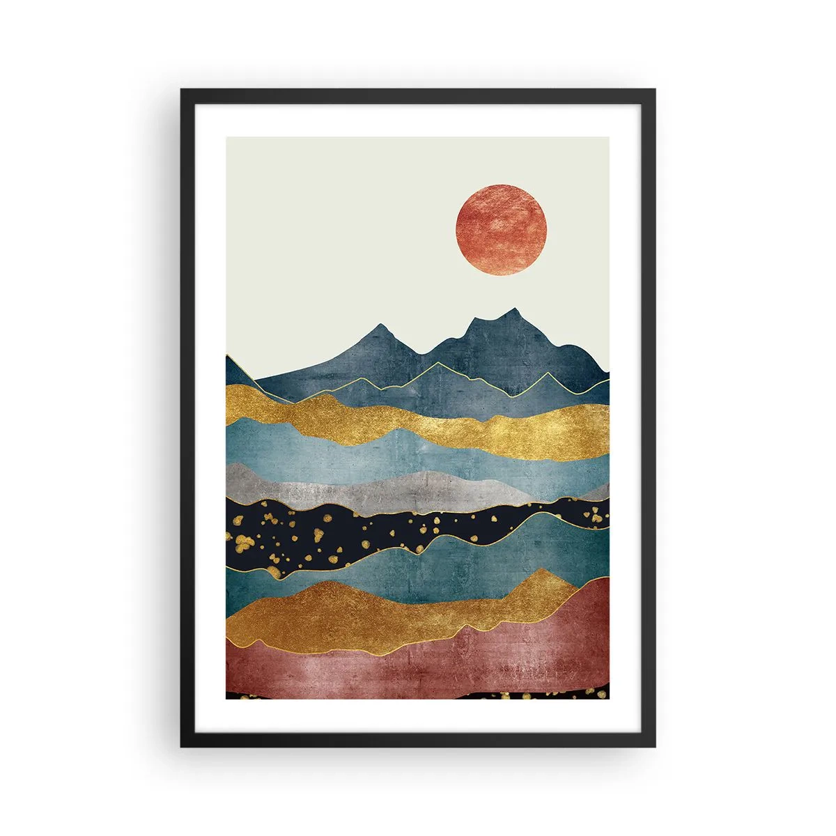 Poster in een zwarte lijst - Abstracte bergen in tinten goud, blauw en rood - 50x70cm - Een dwarsdoorsnede van de wereld - Moderne wanddecoratie voor woonkamer en slaapkamer ARTTOR