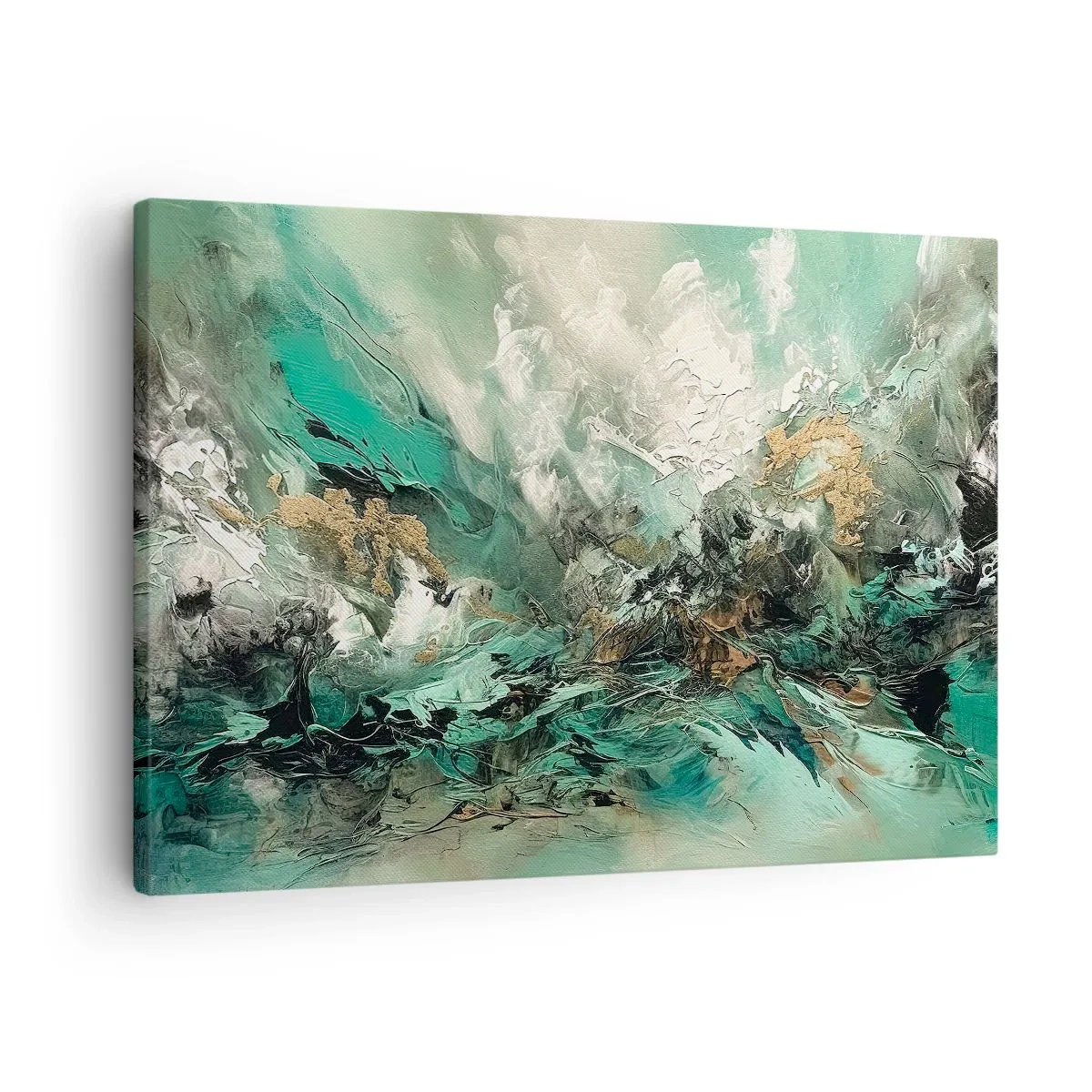 Schilderen op canvas - Abstract landschap in tinten groen en goud - 70x50cm - Emerald en zwarte branding - Moderne wanddecoratie voor woonkamer en slaapkamer ARTTOR