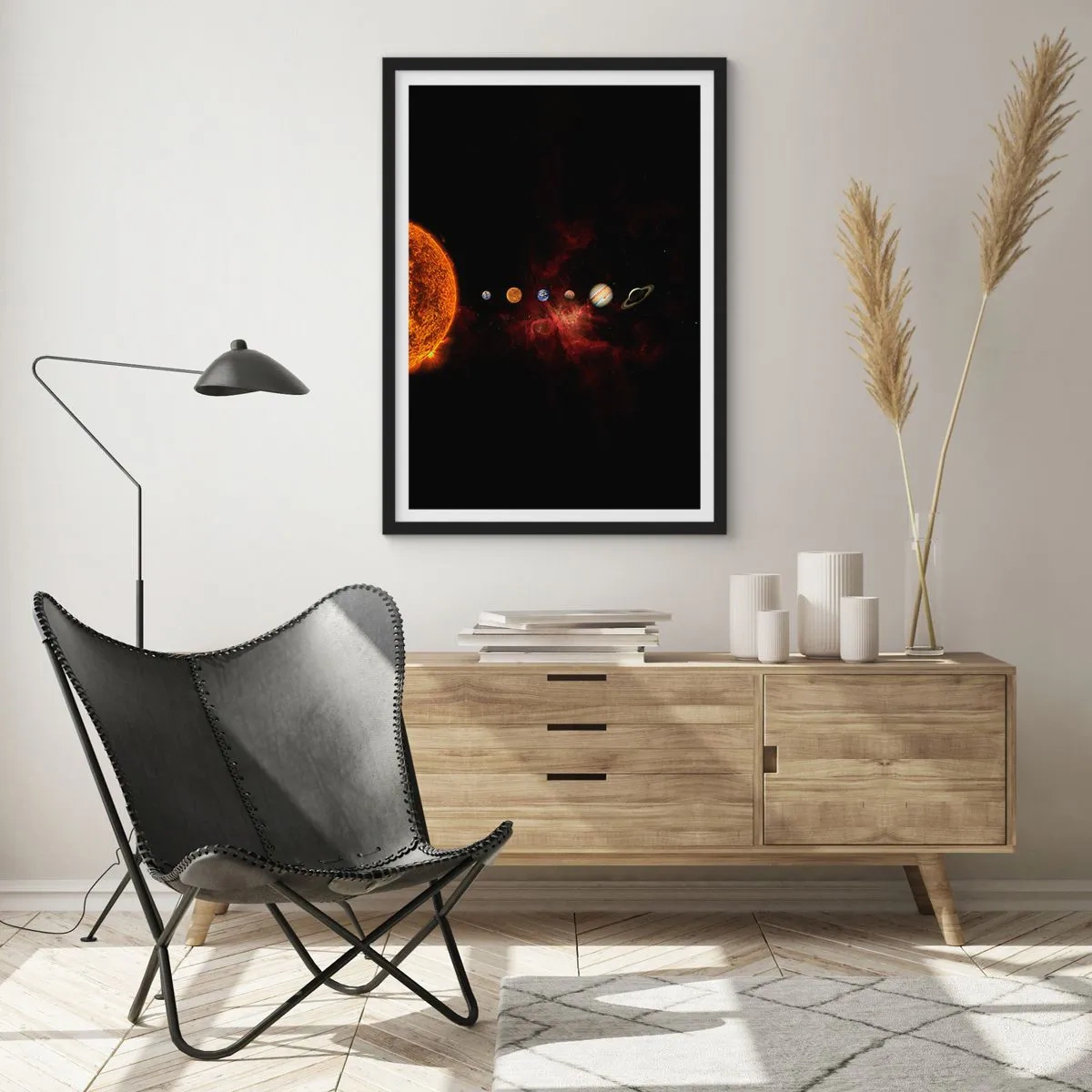 Poster in een zwarte lijst - Het zonnestelsel met planeten tegen de achtergrond van de ruimte - 50x70cm - Onze buurt - Moderne wanddecoratie voor woonkamer en slaapkamer ARTTOR