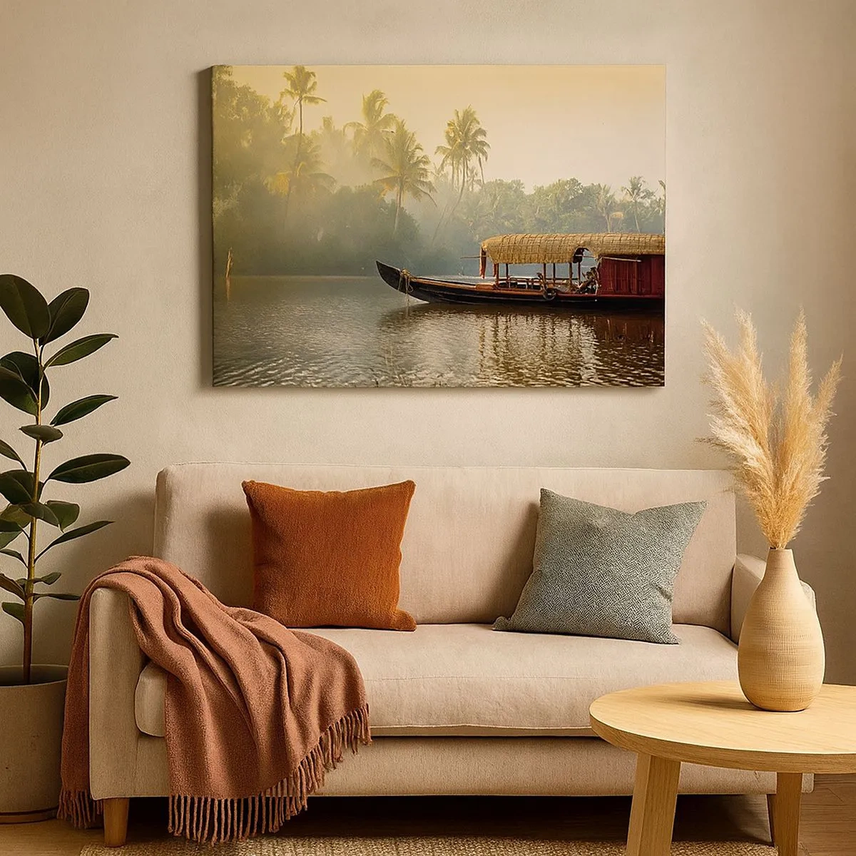 Schilderen op canvas - Een traditionele boot op een kalme rivier tussen palmbomen - 70x50cm - Huis aan de rivier - Moderne wanddecoratie voor woonkamer en slaapkamer ARTTOR