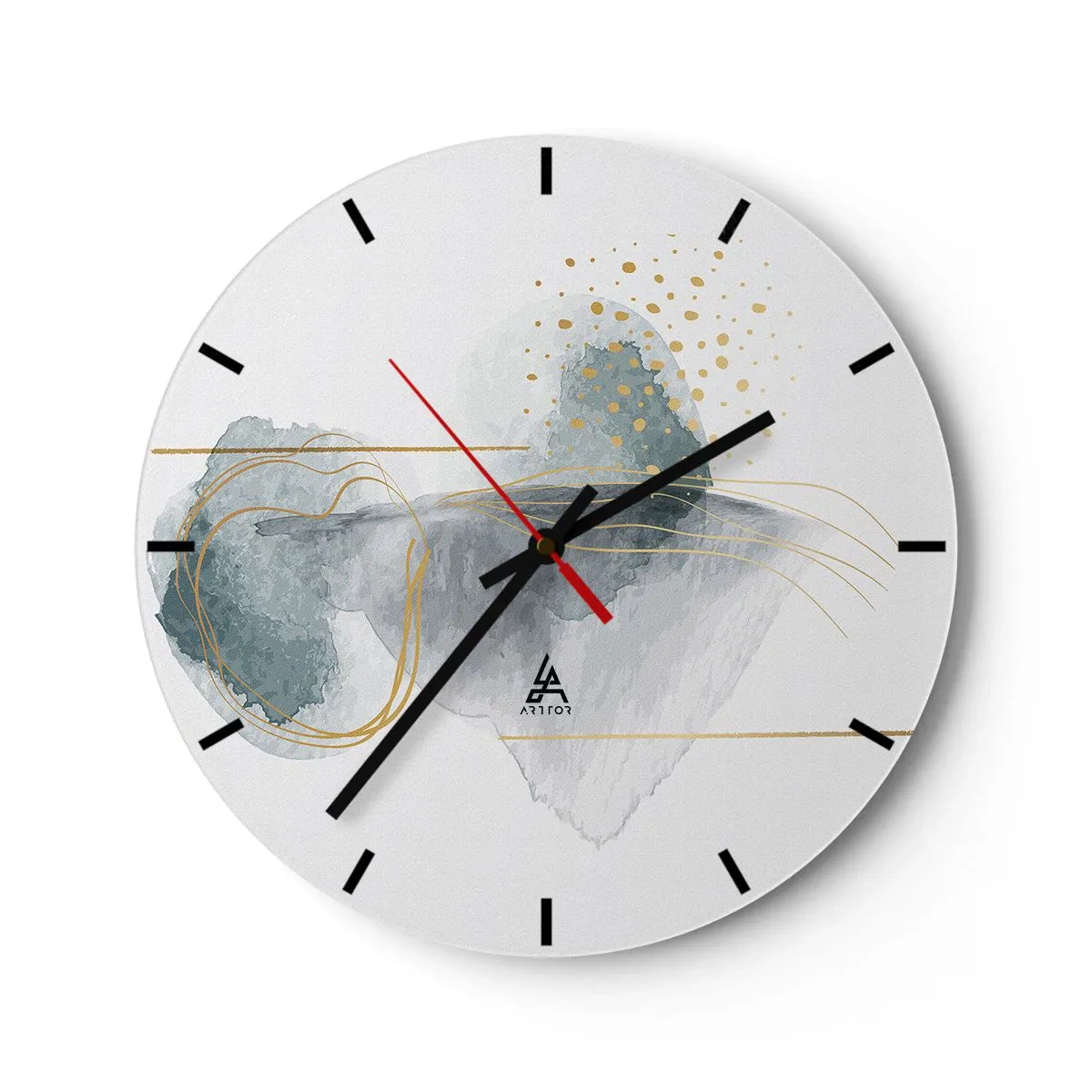 Wandklok - Klok - Pastelkleurige abstracte vormen met gouden lijnen en stippen op een witte achtergrond. - 30x30cm - Over de relatie tussen grijs en goud - Moderne wanddecoratie voor woonkamer, keuken en slaapkamer ARTTOR
