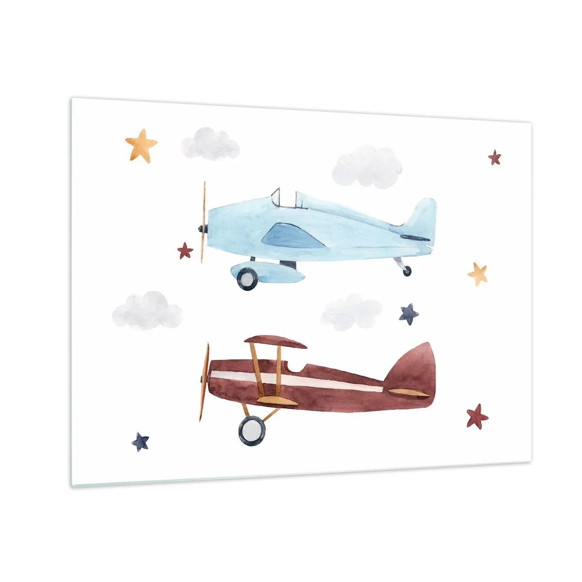 Schilderen op glas - Twee kleurrijke vliegtuigen tussen de sterren en wolken - 70x50cm - Meneer Piloot, we wachten! - Moderne wanddecoratie voor woonkamer en slaapkamer ARTTOR