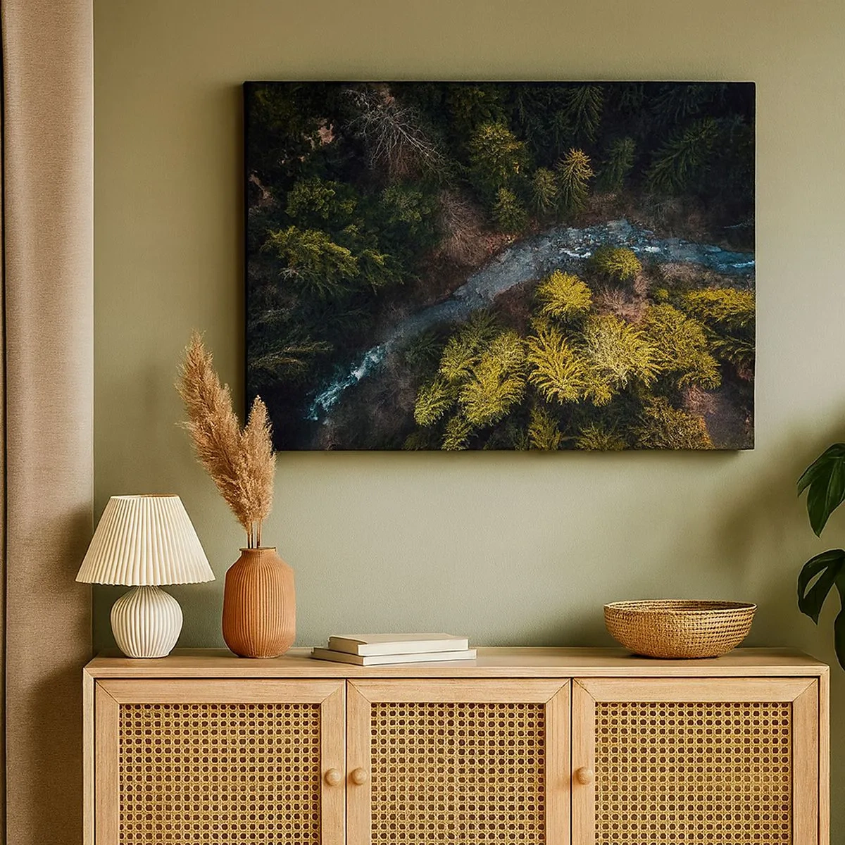 Schilderen op canvas - Een blik van bovenaf op een bos met een kronkelende rivier - 70x50cm - Snel, sneller en sneller - Moderne wanddecoratie voor woonkamer en slaapkamer ARTTOR