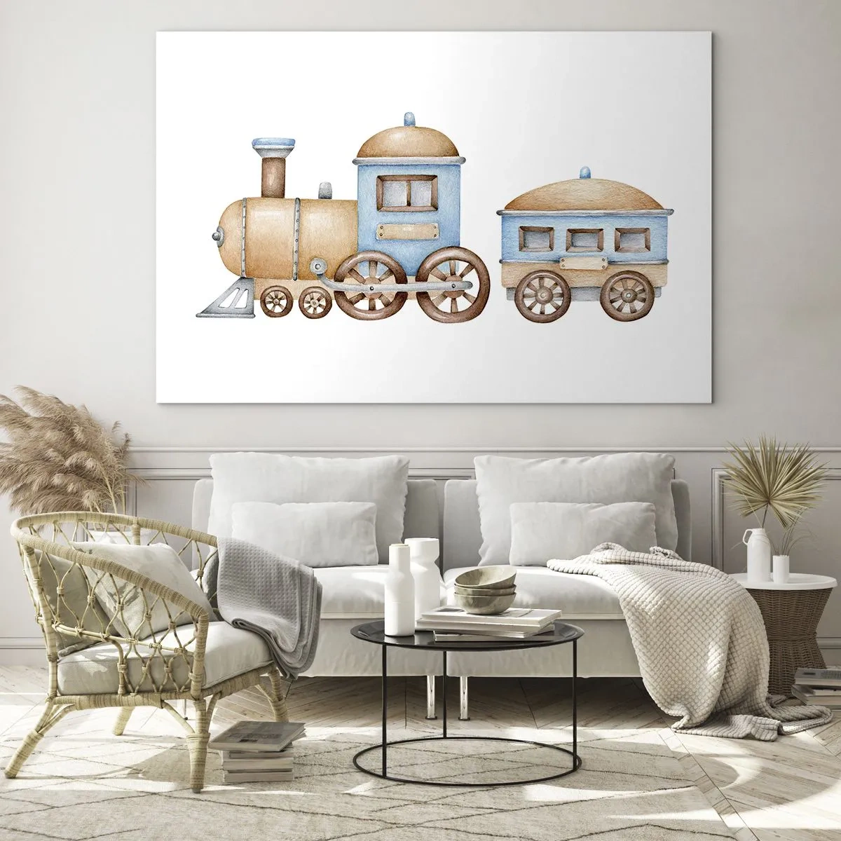Schilderen op glas - Illustratie van een stoomtrein in tinten blauw en beige op een witte achtergrond - 70x50cm - Hij staat op het station... - Moderne wanddecoratie voor woonkamer en slaapkamer ARTTOR