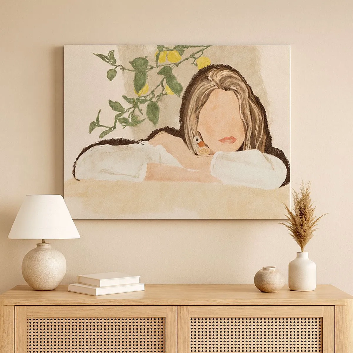 Schilderen op canvas - De figuur van een vrouw tegen de achtergrond van een citroenboom - 70x50cm - Zuidelijke schoonheid - Moderne wanddecoratie voor woonkamer en slaapkamer ARTTOR