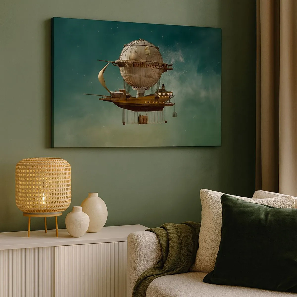 Schilderen op canvas - Een fantastisch luchtschip tegen de groenige lucht - 70x50cm - Jules Verne groet - Moderne wanddecoratie voor woonkamer en slaapkamer ARTTOR