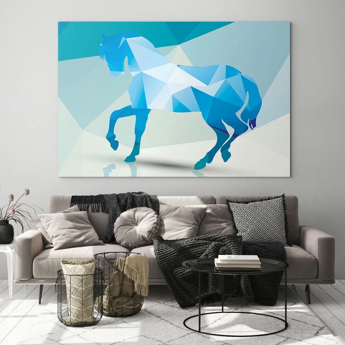 Schilderen op glas - Geometrisch paard in tinten blauw en wit - 70x50cm - Geometrisch paard in turkoois - Moderne wanddecoratie voor woonkamer en slaapkamer ARTTOR