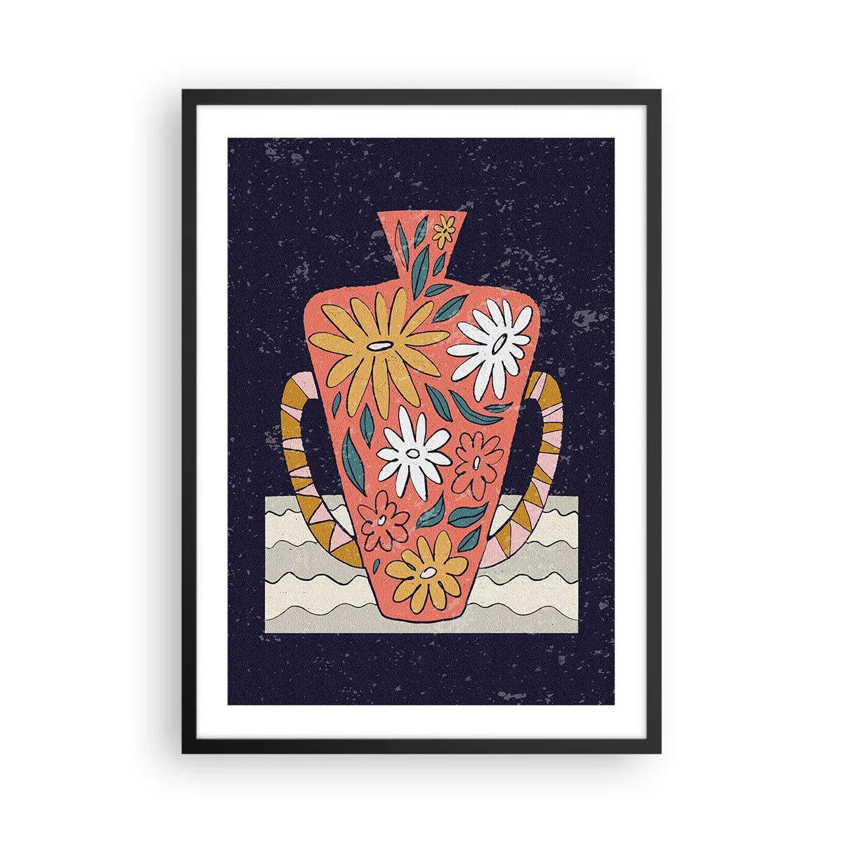 Poster in een zwarte lijst - Een kleurrijke vaas met een bloemenpatroon op een donkere achtergrond - 50x70cm - Beschilderde kruik - Moderne wanddecoratie voor woonkamer en slaapkamer ARTTOR