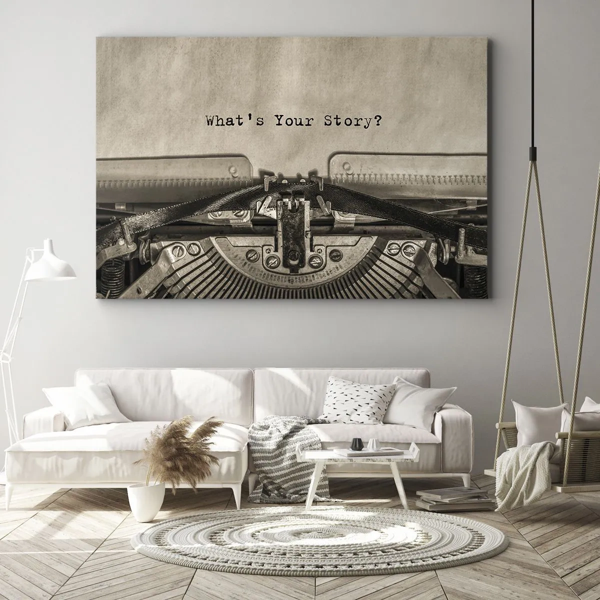 Schilderen op canvas - Een typemachine met de tekst What's Your Story? - 70x50cm - Vertel het mee - Moderne wanddecoratie voor woonkamer en slaapkamer ARTTOR