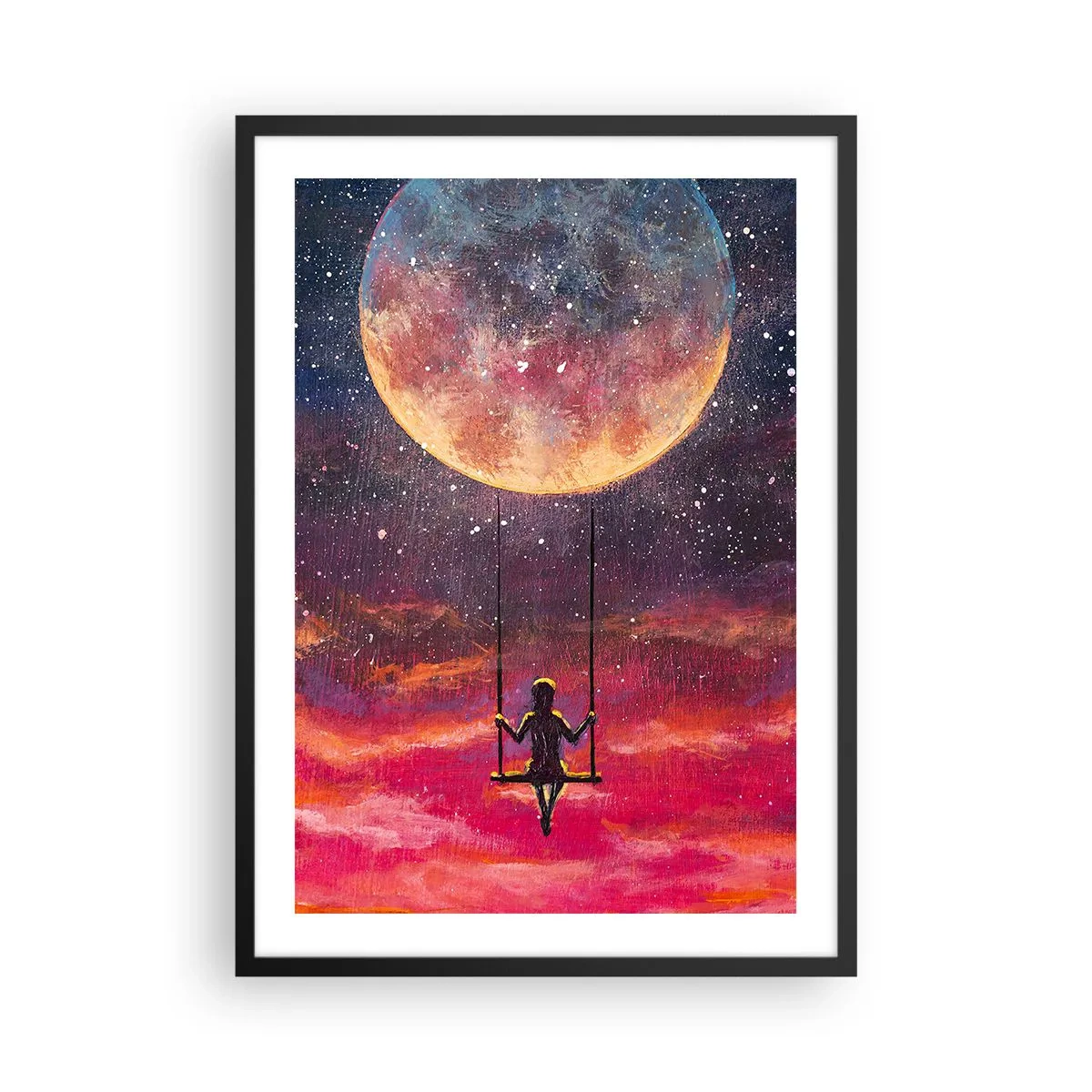 Poster in een zwarte lijst - Meisje op een schommel onder de volle maan - 50x70cm - Droom - Moderne wanddecoratie voor woonkamer en slaapkamer ARTTOR