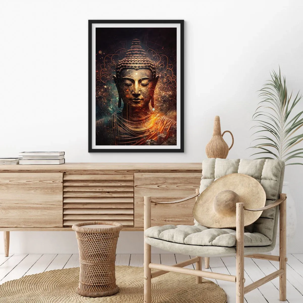 Poster in een zwarte lijst - Mystiek beeld van Boeddha in gouden tinten - 50x70cm - Geestelijke balans - Moderne wanddecoratie voor woonkamer en slaapkamer ARTTOR