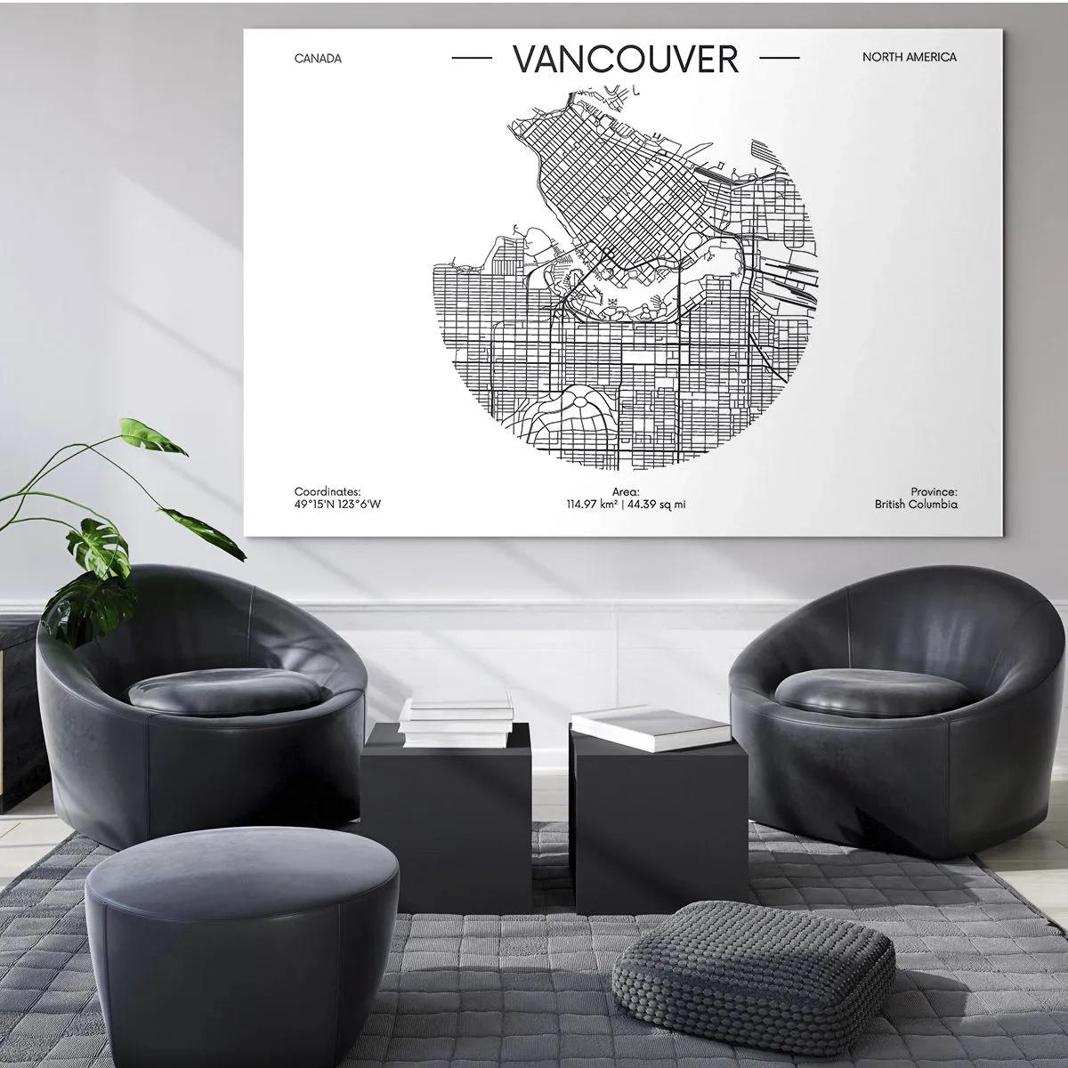 Schilderen op glas - Zwart-wit stratenkaart van Vancouver - 70x50cm - Anatomie van Vancouver - Moderne wanddecoratie voor woonkamer en slaapkamer ARTTOR