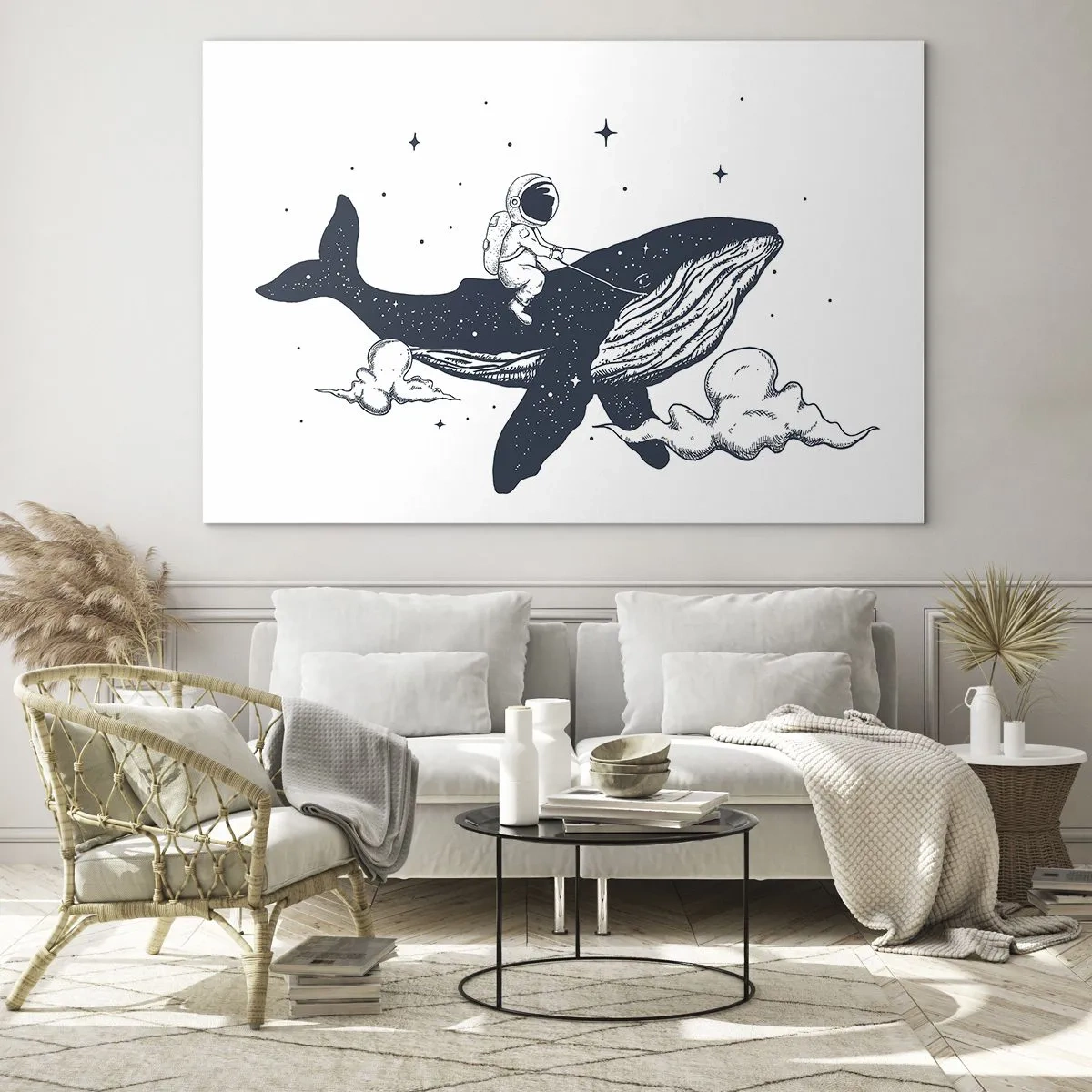 Schilderen op glas - Astronaut rijdt op een walvis tussen sterren en wolken - 70x50cm - Ruimte avontuur - Moderne wanddecoratie voor woonkamer en slaapkamer ARTTOR