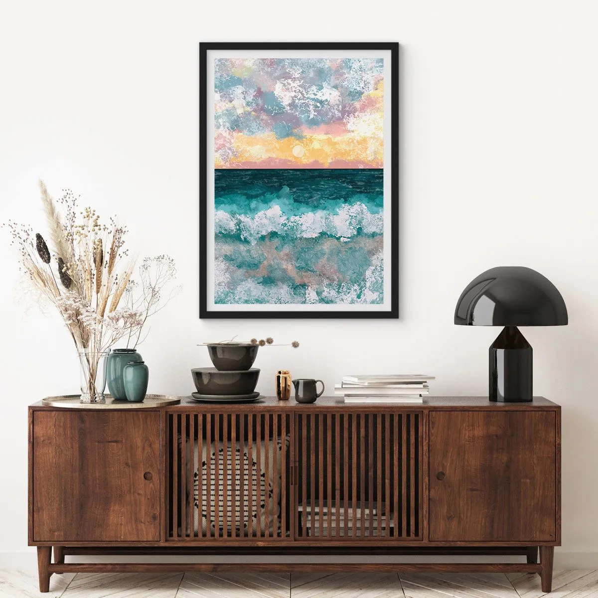 Poster in een zwarte lijst - Zee golven en zonsondergang in aquarel stijl - 50x70cm - Water, licht, lucht - Moderne wanddecoratie voor woonkamer en slaapkamer ARTTOR