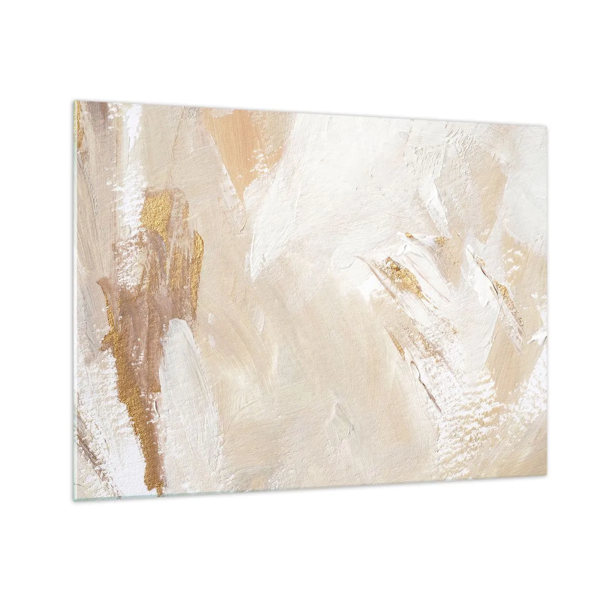 Schilderen op glas - Beige en witte abstractie met gouden accenten - 70x50cm - Pastelkleurige compositie - Moderne wanddecoratie voor woonkamer en slaapkamer ARTTOR