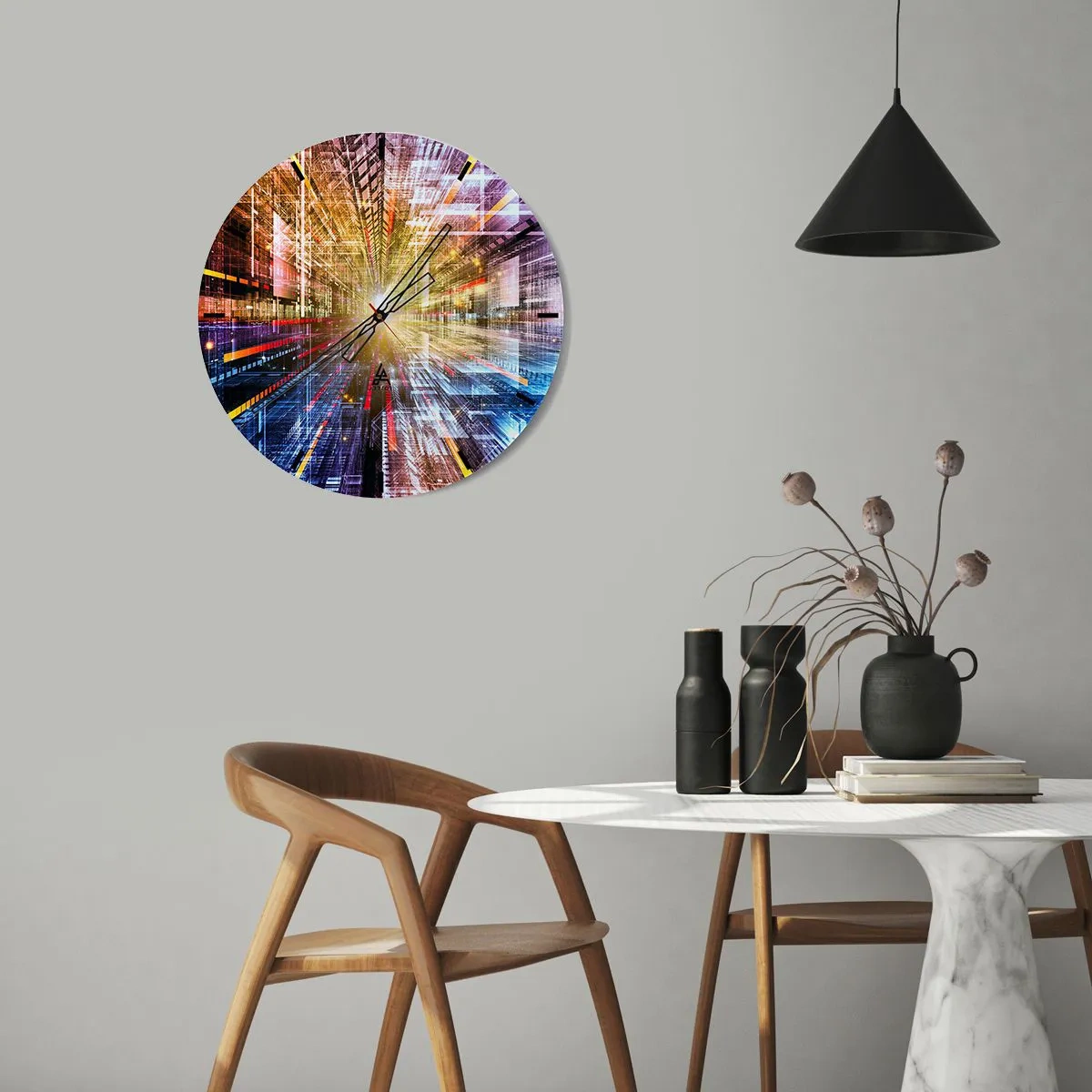 Wandklok - Klok - Een abstract beeld van de stad met lichteffecten en kleuren - 30x30cm - Lichtgevende gang - Moderne wanddecoratie voor woonkamer, keuken en slaapkamer ARTTOR