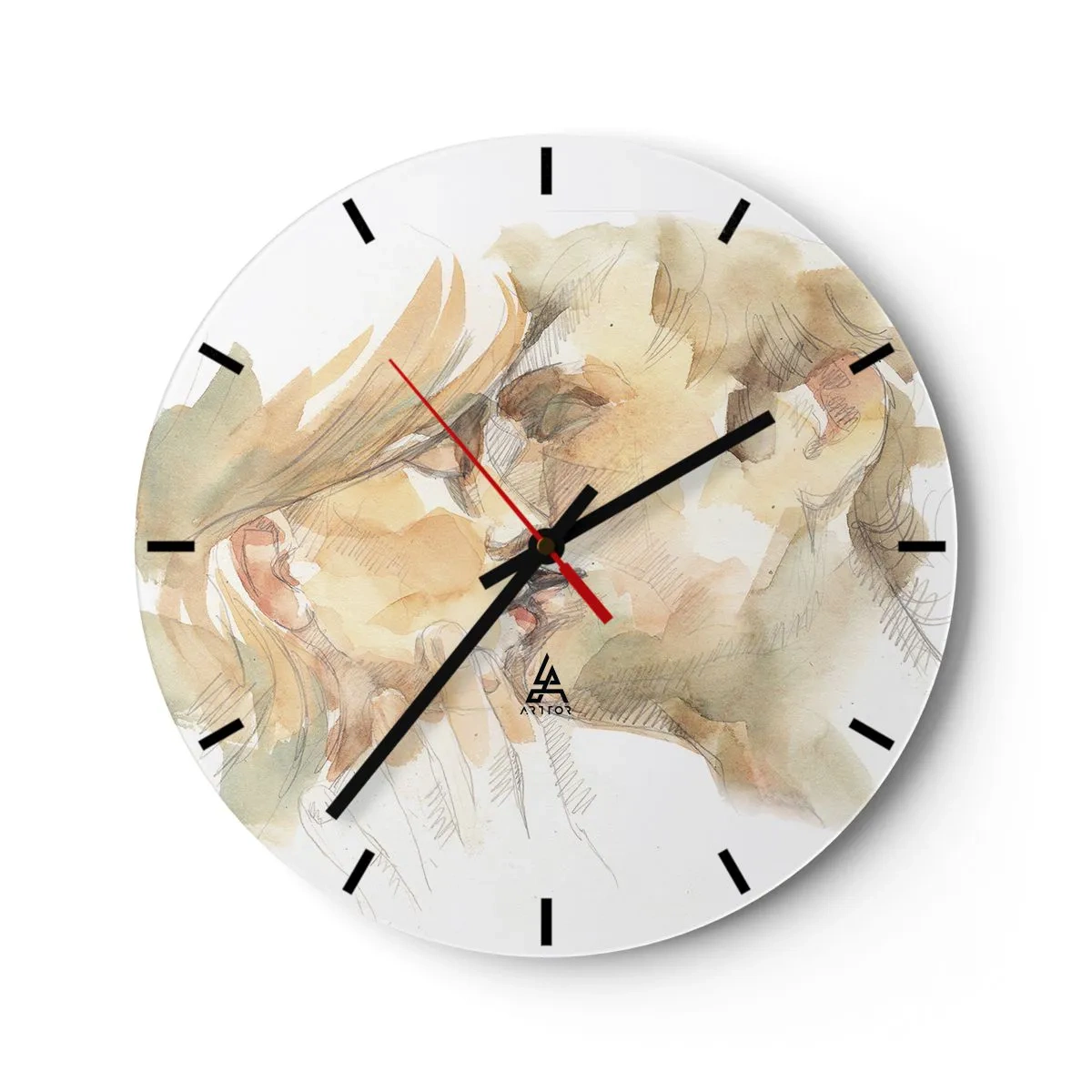 Wandklok - Klok - Een pastelkleurig aquarelportret van een kussend paar - 30x30cm - De helft gevonden? - Moderne wanddecoratie voor woonkamer, keuken en slaapkamer ARTTOR