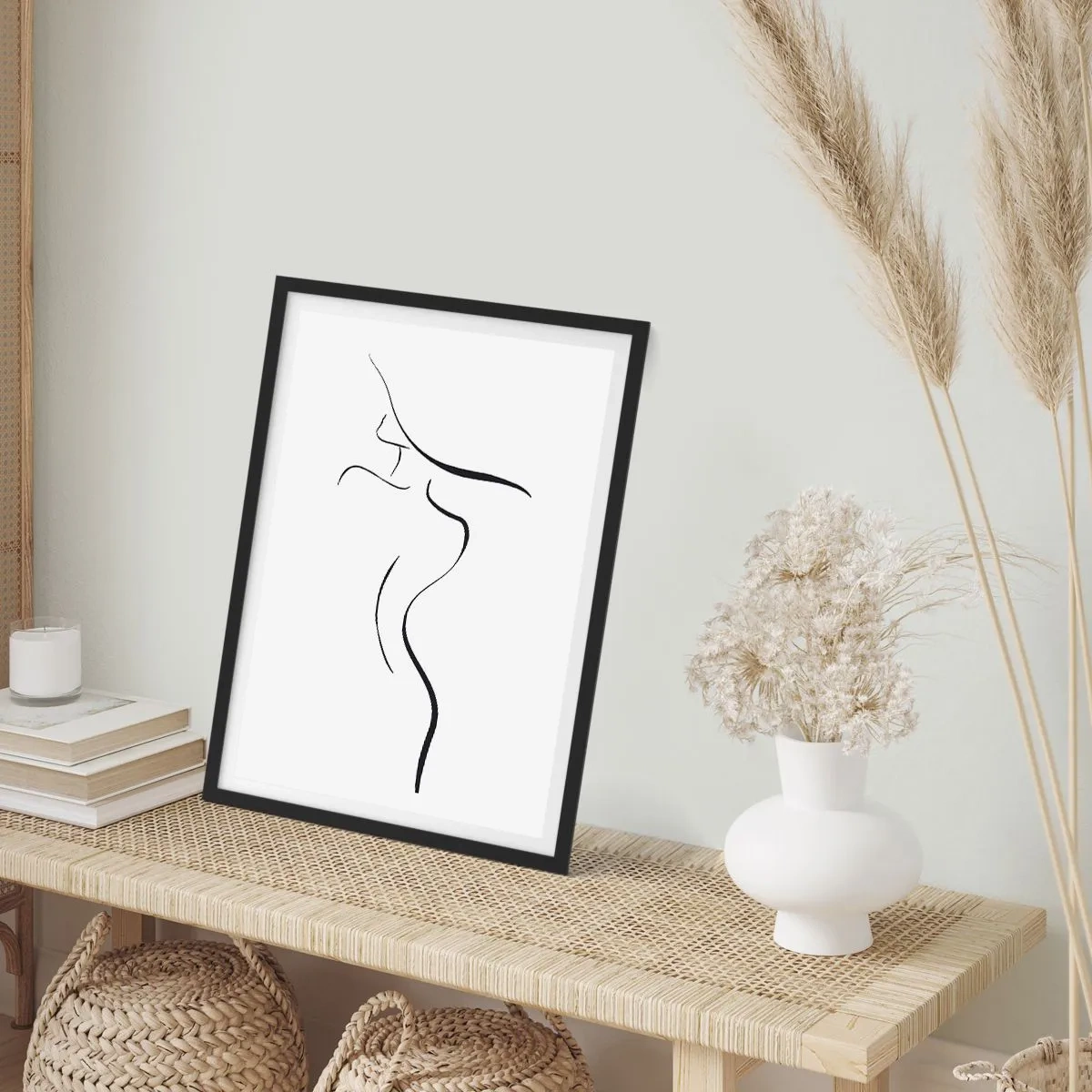 Poster in een zwarte lijst - Een minimalistisch silhouet van een vrouw, getekend met een zwarte lijn. - 50x70cm - Ongrijpbaar als een golf - Moderne wanddecoratie voor woonkamer en slaapkamer ARTTOR