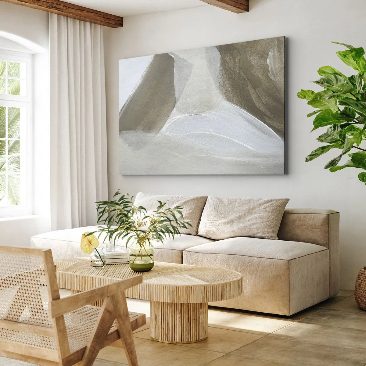 Schilderen op canvas - Delicate abstractie in tinten beige en wit - 70x50cm - Een golf van wit - Moderne wanddecoratie voor woonkamer en slaapkamer ARTTOR