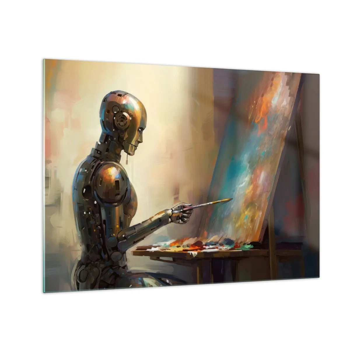 Schilderen op glas - Een robot die een schilderij maakt op een ezel - 70x50cm - De kunst van de toekomst - Moderne wanddecoratie voor woonkamer en slaapkamer ARTTOR