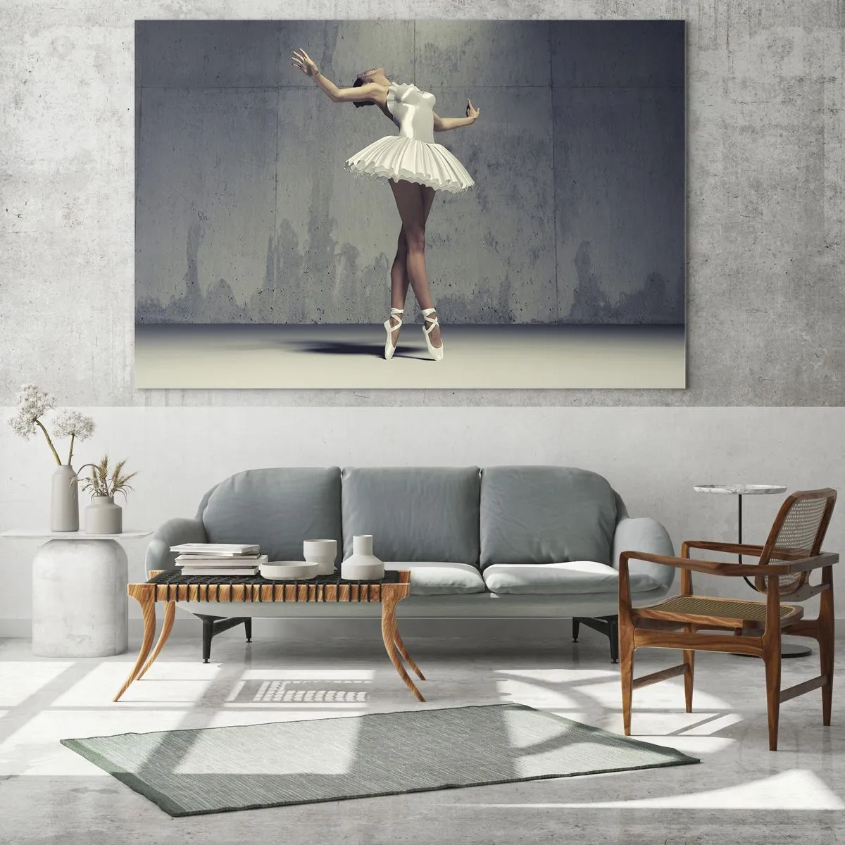 Schilderen op glas - Een ballerina in een witte jurk tegen een ruwe muur - 70x50cm - Licht als een vogel - Moderne wanddecoratie voor woonkamer en slaapkamer ARTTOR