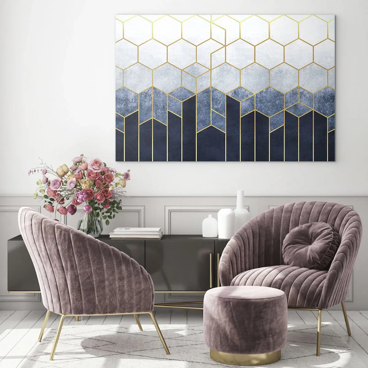Schilderen op glas - Geometrisch patroon in de kleuren goud en marineblauw - 70x50cm - Compositie in een gesyncopeerd ritme - Moderne wanddecoratie voor woonkamer en slaapkamer ARTTOR