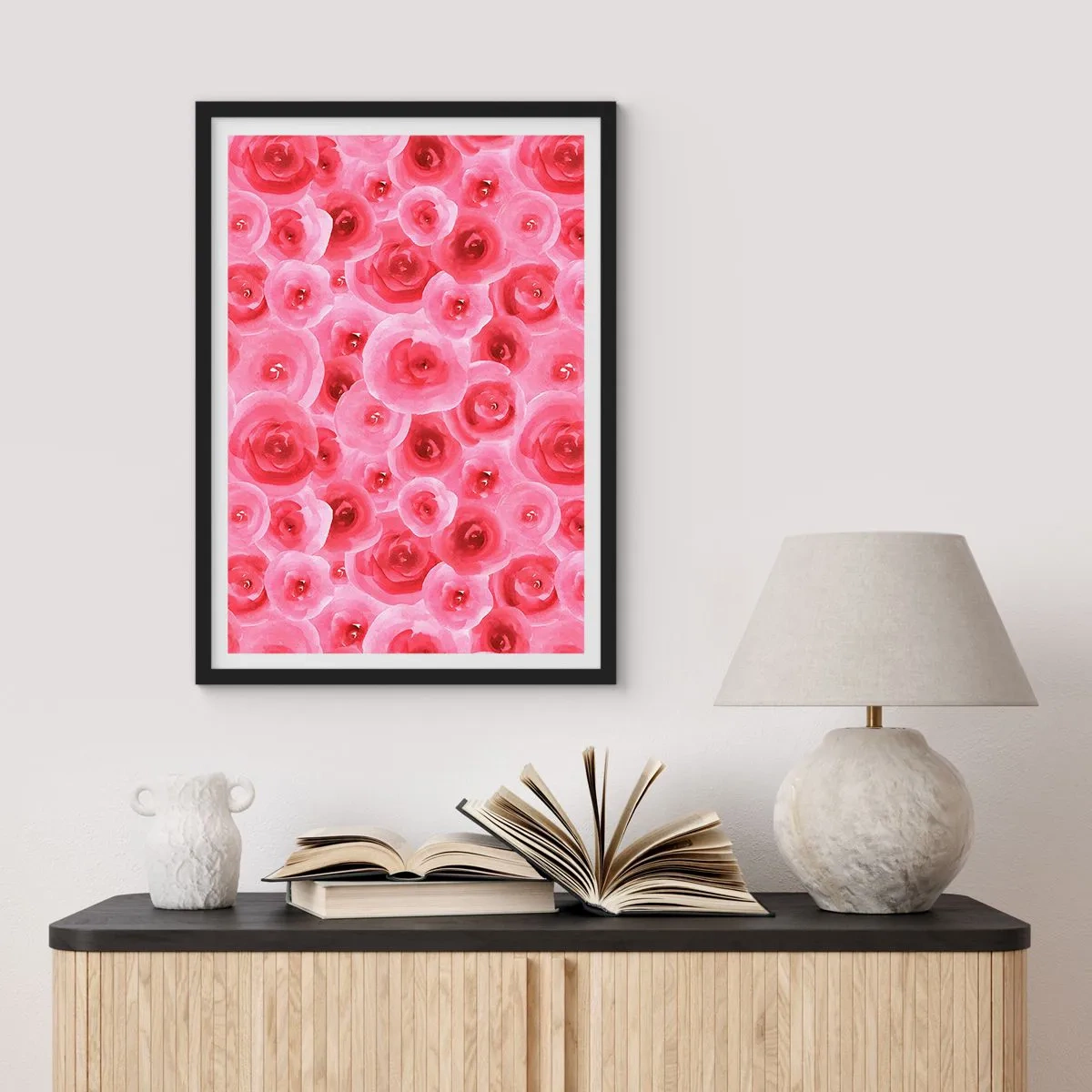 Poster in een zwarte lijst - Aquarel roze rozen in een romantische stijl - 50x70cm - Rozen onder en boven - Moderne wanddecoratie voor woonkamer en slaapkamer ARTTOR