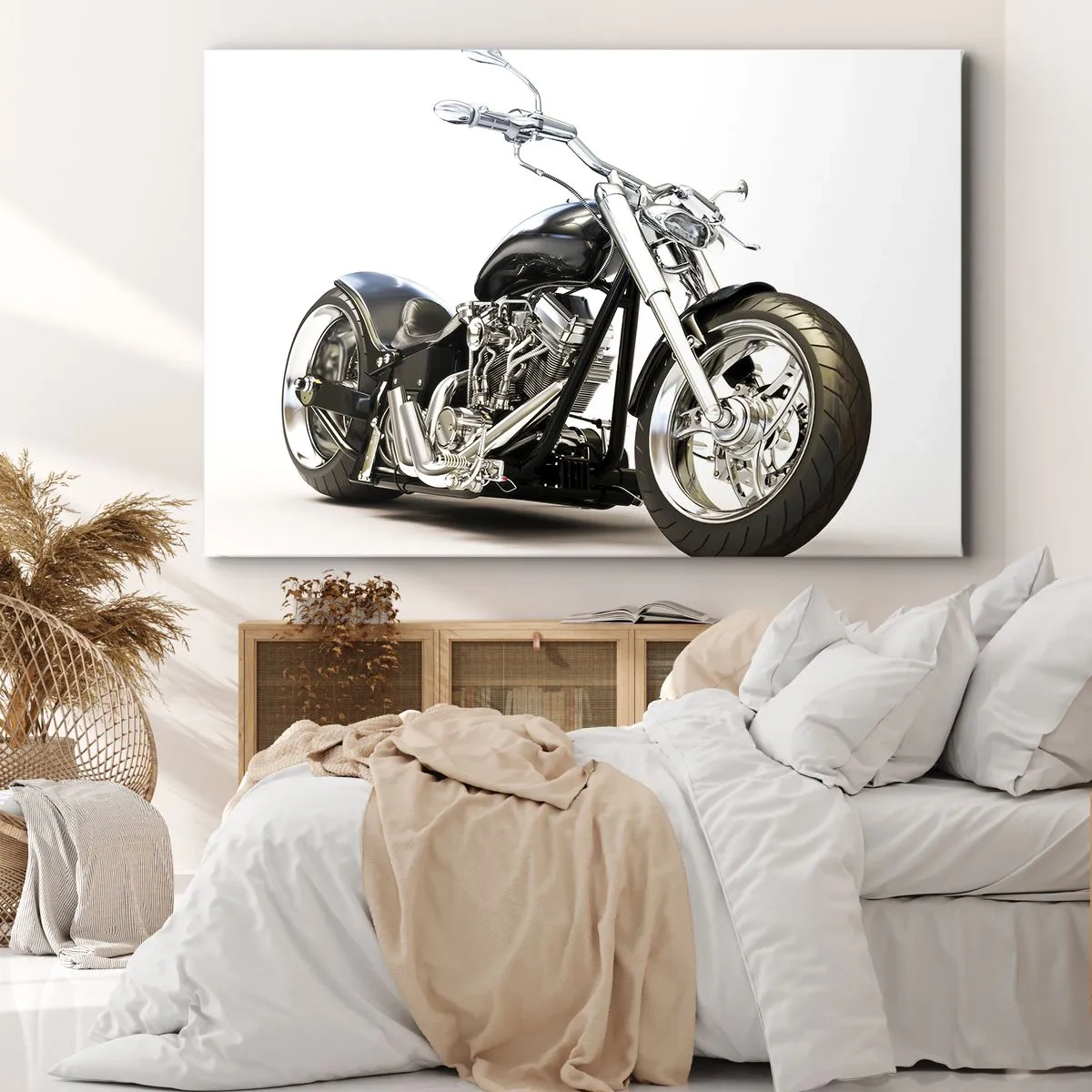 Schilderen op canvas - Stijlvolle zwarte motorfiets op een witte achtergrond - 70x50cm - Kracht met karakter - Moderne wanddecoratie voor woonkamer en slaapkamer ARTTOR