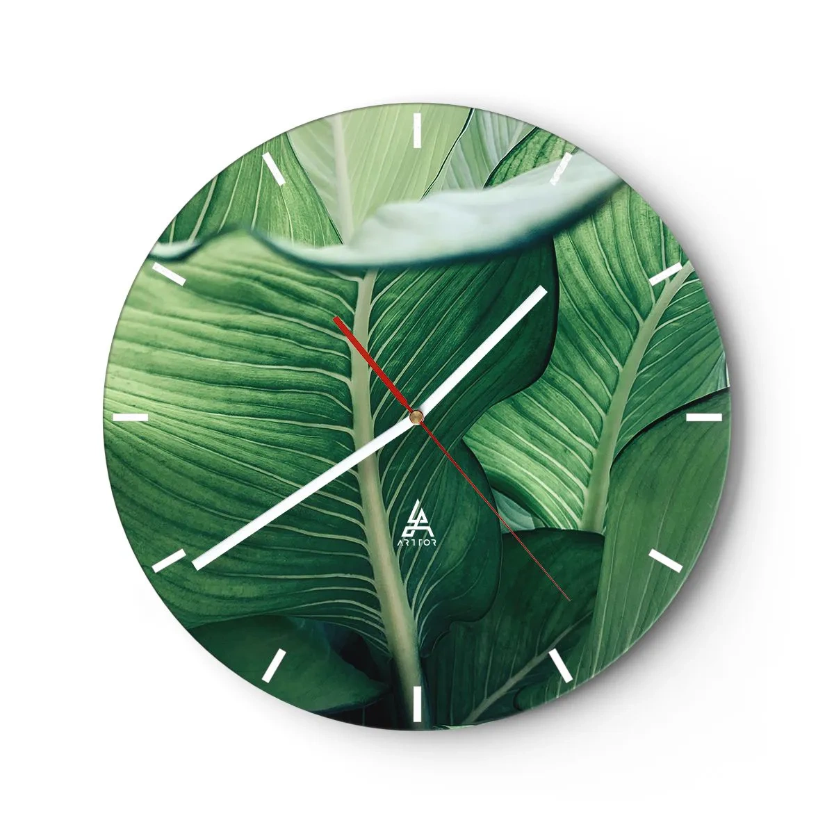 Wandklok - Klok - Close-up van intens groene tropische bladeren - 30x30cm - Intens groen leven - Moderne wanddecoratie voor woonkamer, keuken en slaapkamer ARTTOR