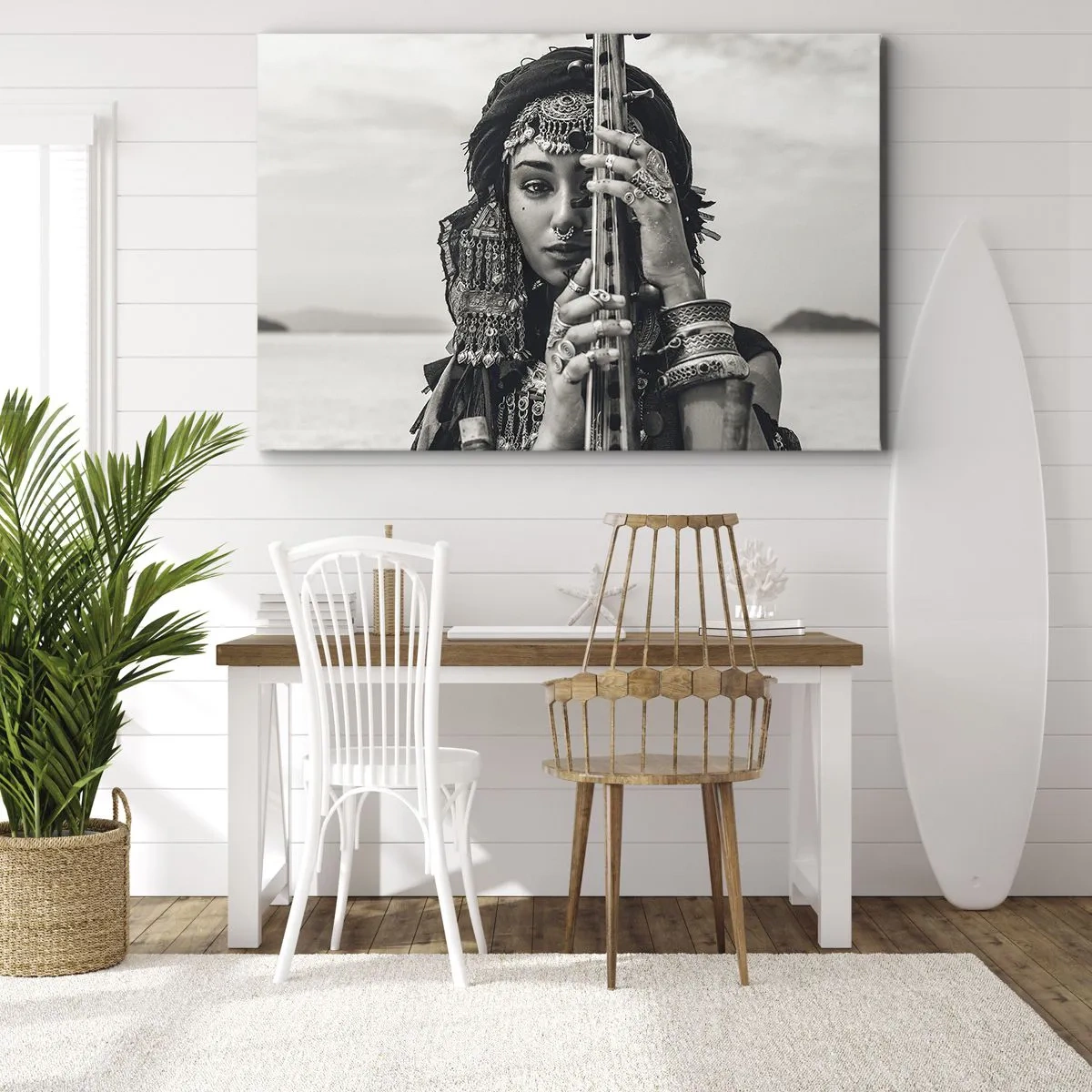 Schilderen op canvas - Portret van een vrouw met etnische sieraden en een instrument in haar hand - 70x50cm - De muziek van het Oosten zelf - Moderne wanddecoratie voor woonkamer en slaapkamer ARTTOR