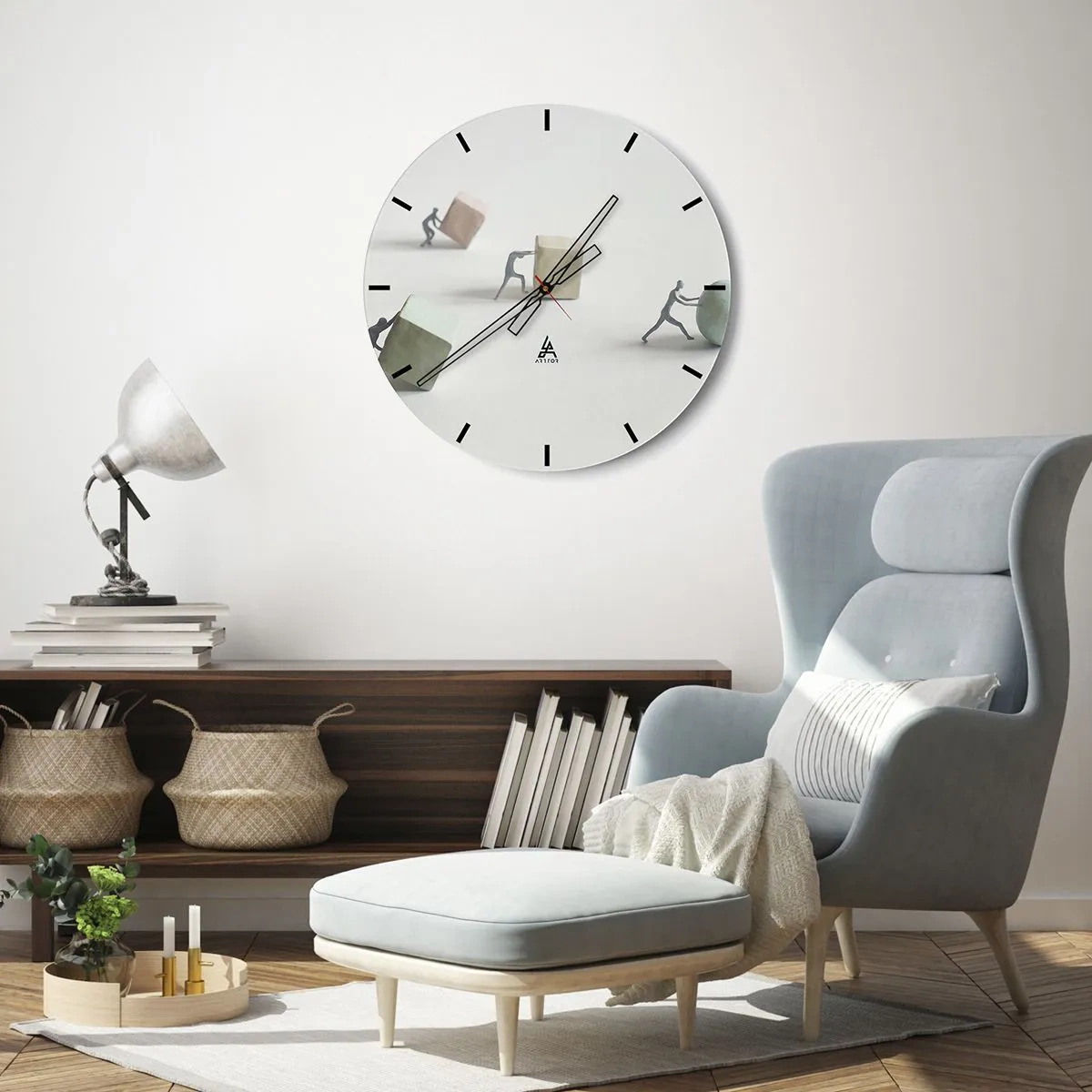 Wandklok - Klok - Figuren die kubussen en een bal duwen symboliseren inspanning - 30x30cm - Puur leven - Moderne wanddecoratie voor woonkamer, keuken en slaapkamer ARTTOR