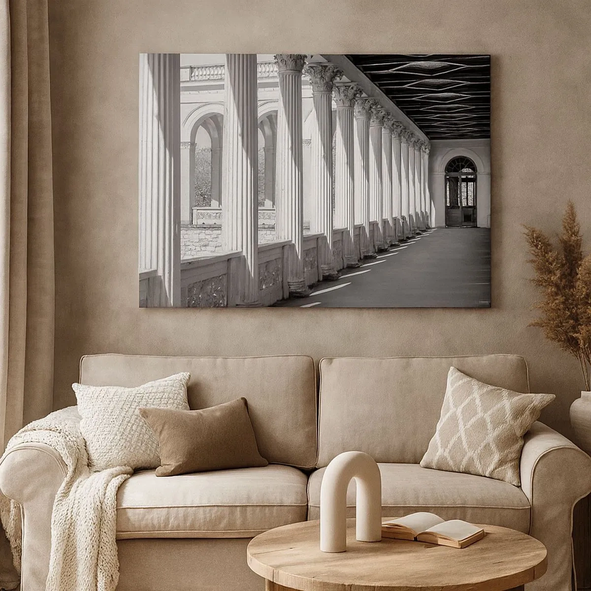 Schilderen op canvas - Klassieke zuilengalerij in zwart-wit - 70x50cm - Zonnige arcade - Moderne wanddecoratie voor woonkamer en slaapkamer ARTTOR