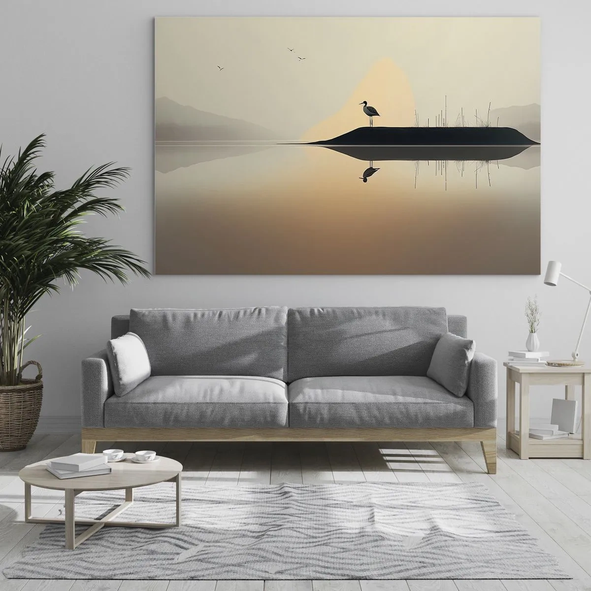 Schilderen op glas - Een reiger staat op een eiland in het kalme water van een meer - 70x50cm - Heer op het meer - Moderne wanddecoratie voor woonkamer en slaapkamer ARTTOR