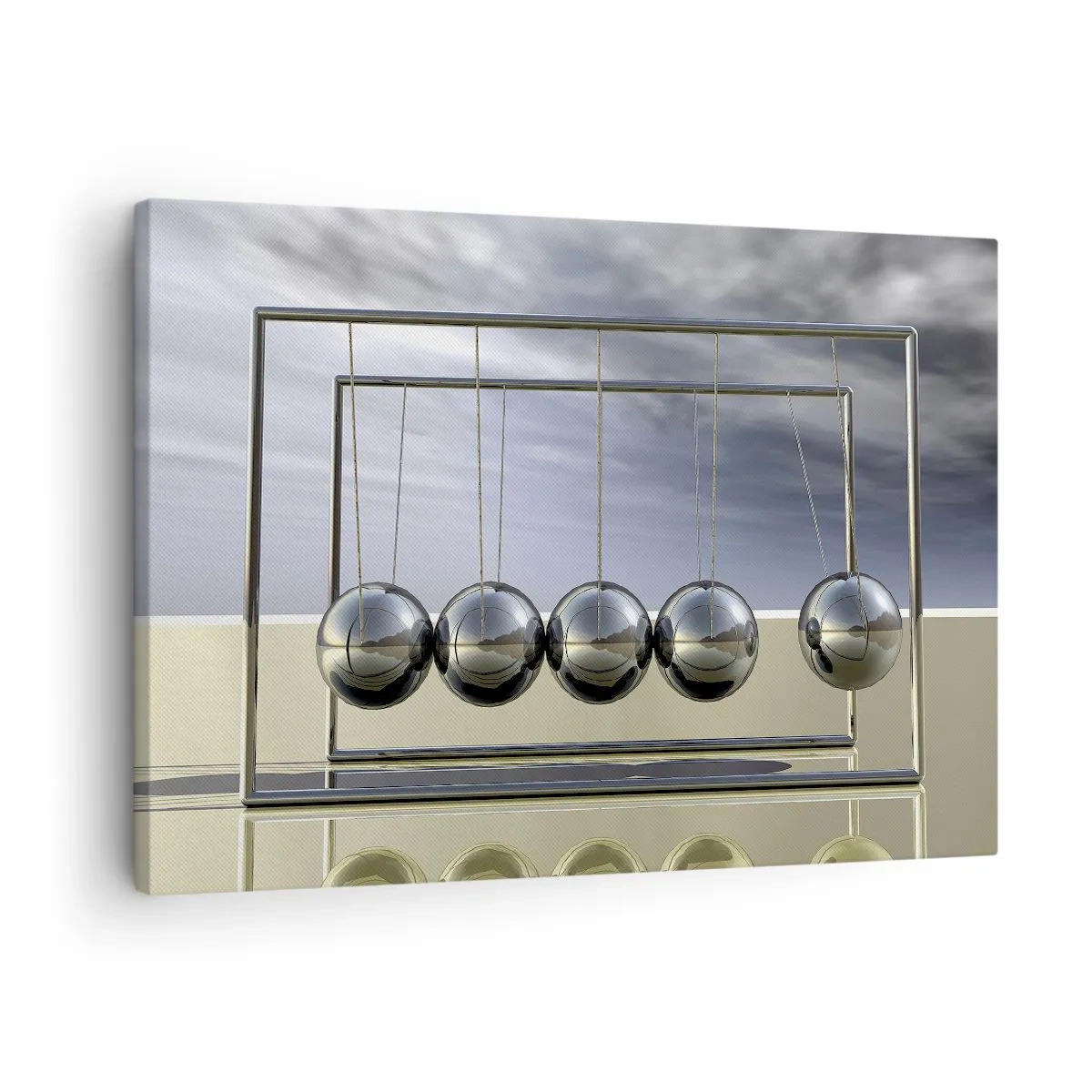 Schilderen op canvas - De bollen van Newton in een minimalistische setting met lichtreflecties - 70x50cm - De energie van de wereld - Moderne wanddecoratie voor woonkamer en slaapkamer ARTTOR