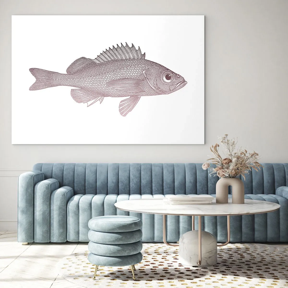 Schilderen op glas - Afbeelding van een vis met een groot oog in retrostijl op een witte achtergrond - 70x50cm - Grote ogen vis - Moderne wanddecoratie voor woonkamer en slaapkamer ARTTOR