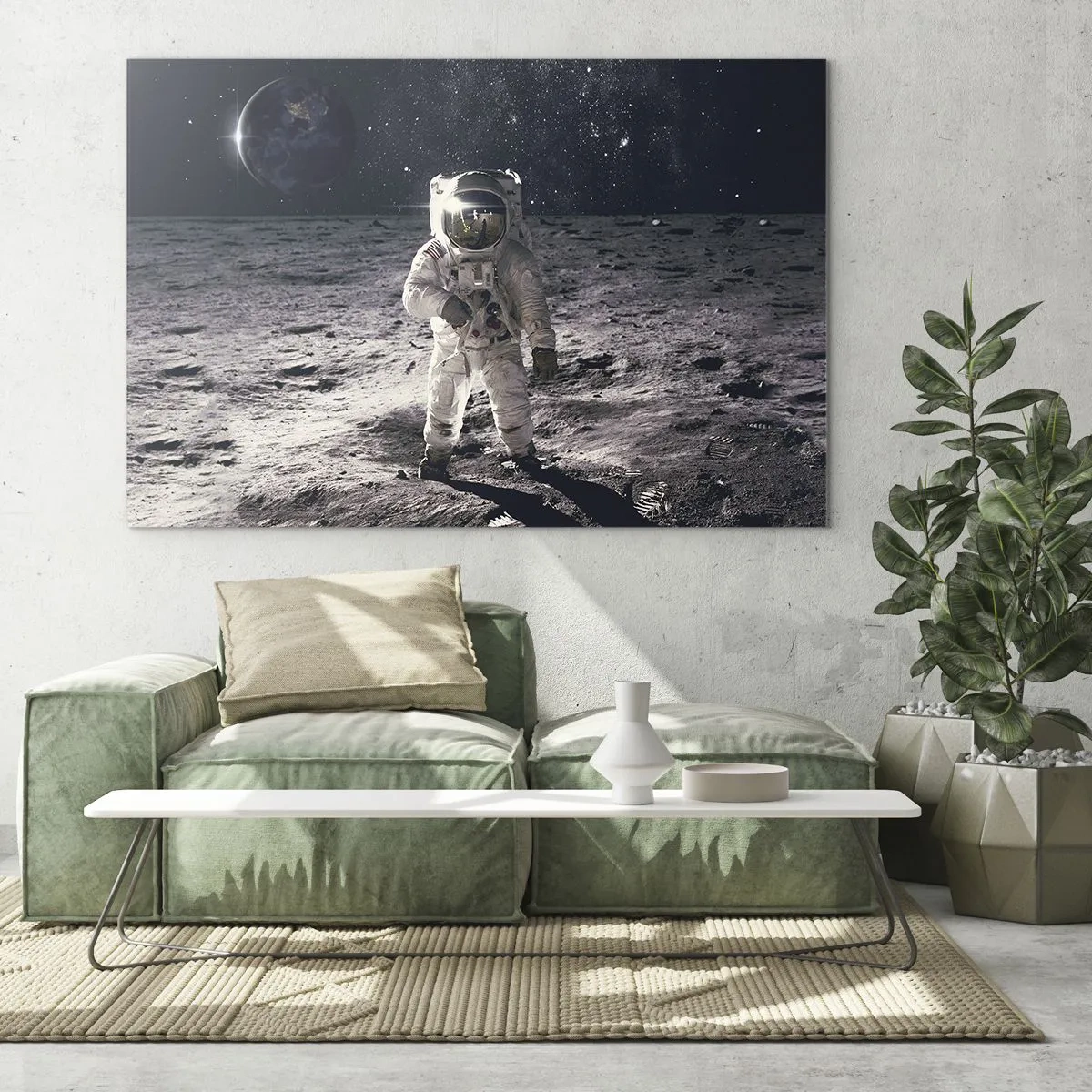 Schilderen op glas - Astronaut op het maanoppervlak met de aarde op de achtergrond - 70x50cm - Groetjes van de maan - Moderne wanddecoratie voor woonkamer en slaapkamer ARTTOR