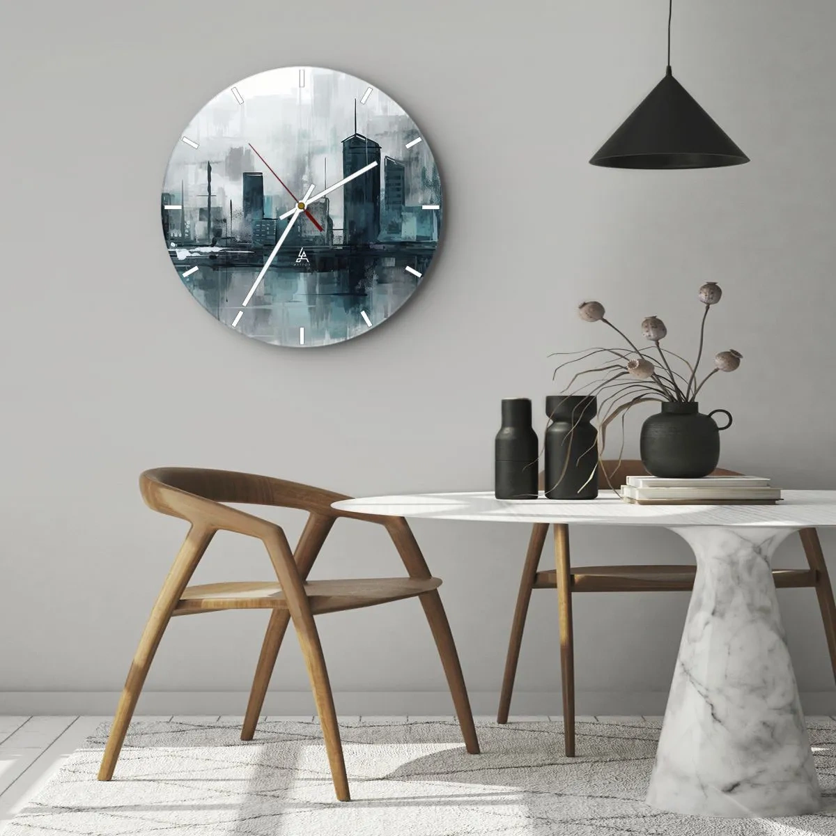 Wandklok - Klok - Een panorama van de stad in schilderachtige stijl met koele tinten - 30x30cm - Een stad in de kleur van regen - Moderne wanddecoratie voor woonkamer, keuken en slaapkamer ARTTOR