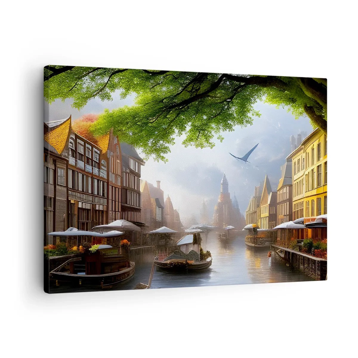 Schilderen op canvas - Een schilderachtig Hollands landschap met een kanaal en huurkazernes - 70x50cm - Hollands stadsbeeld - Moderne wanddecoratie voor woonkamer en slaapkamer ARTTOR