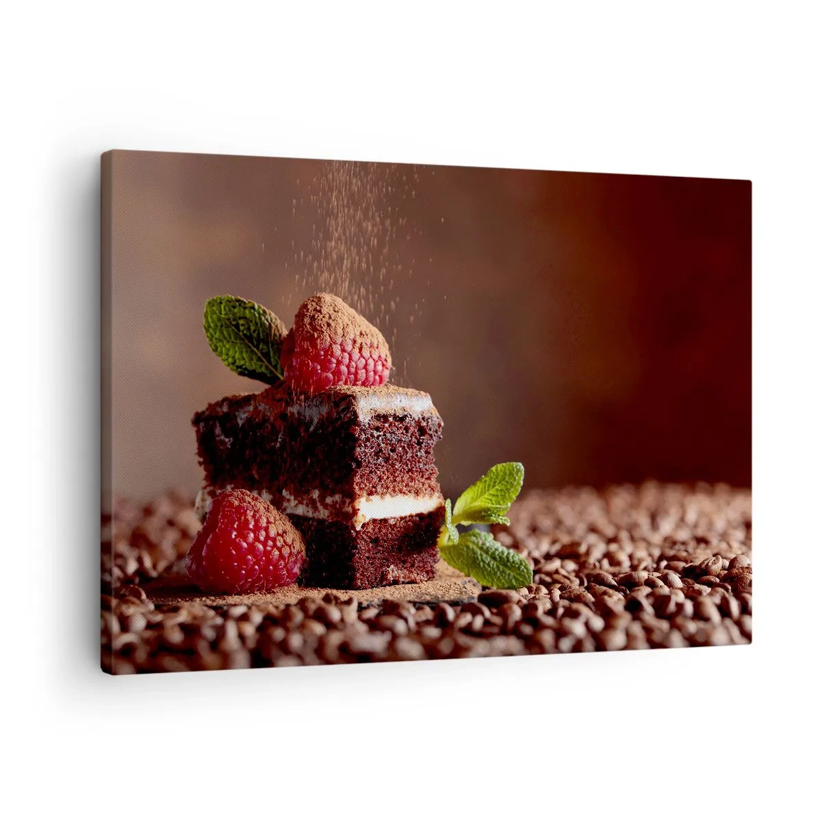 Schilderen op canvas - Chocoladetaart met frambozen en munt op een achtergrond van cacaobonen - 70x50cm - Het leven is zoet - Moderne wanddecoratie voor woonkamer en slaapkamer ARTTOR
