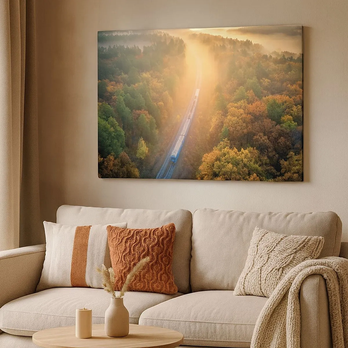 Schilderen op canvas - Een trein in een herfstbos bij zonsopgang - 70x50cm - Herfst reis - Moderne wanddecoratie voor woonkamer en slaapkamer ARTTOR