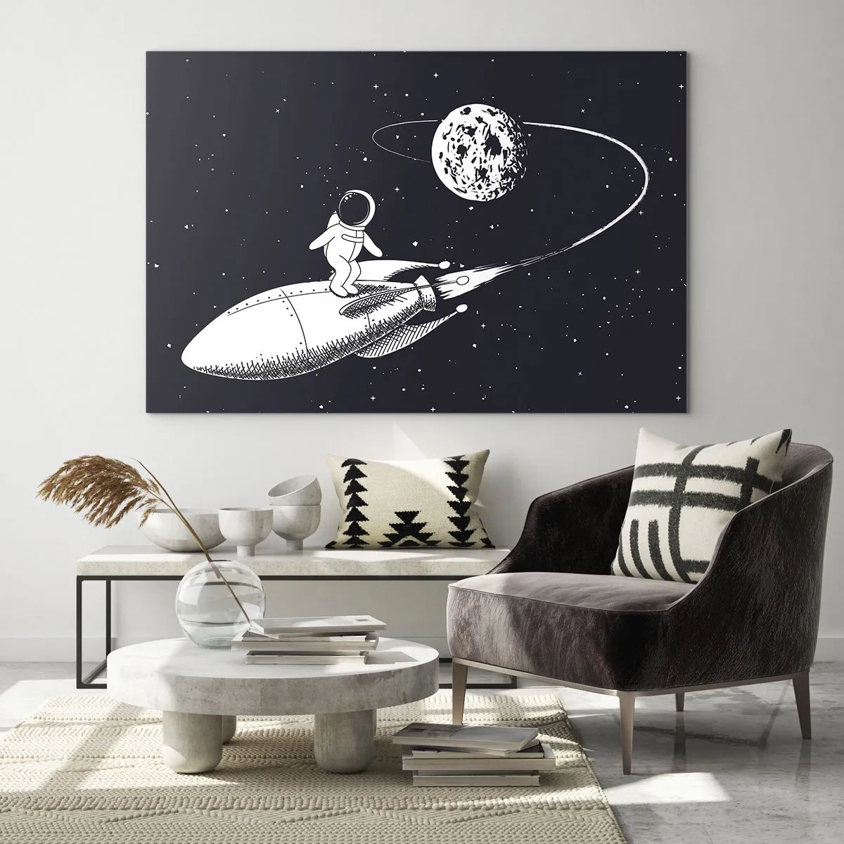 Schilderen op glas - Cartoon-astronaut die in de ruimte surft op een raket - 70x50cm - Spacesurfer - Moderne wanddecoratie voor woonkamer en slaapkamer ARTTOR