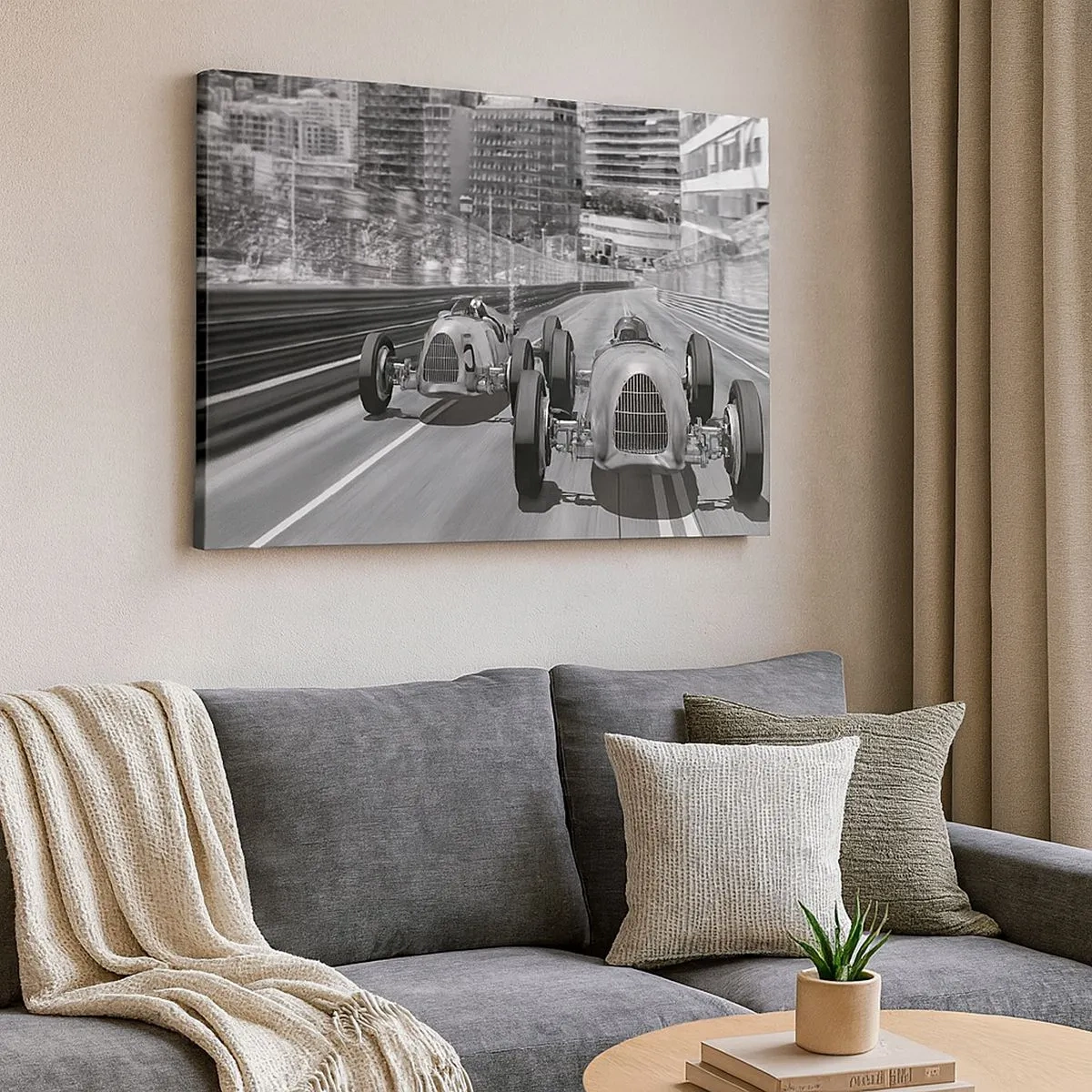 Schilderen op canvas - Monochrome retro-autoracescène - 70x50cm - Lang geleden in Monte Carlo - Moderne wanddecoratie voor woonkamer en slaapkamer ARTTOR