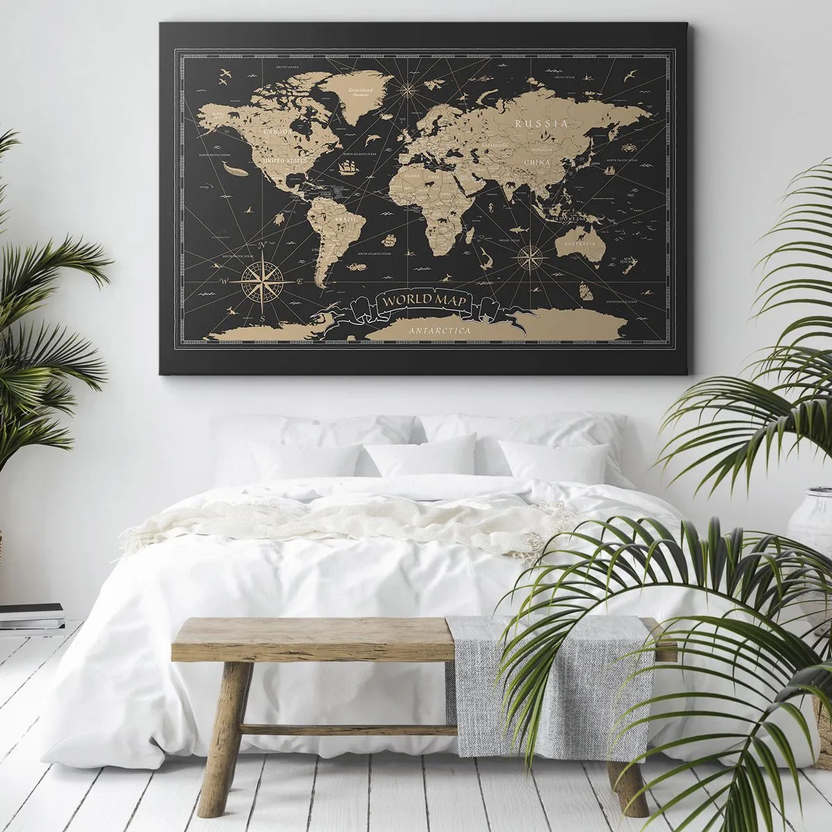 Schilderen op canvas - Een gestileerde wereldkaart op een zwarte achtergrond met beige accenten. - 70x50cm - De grenzen van mijn wereld - Moderne wanddecoratie voor woonkamer en slaapkamer ARTTOR