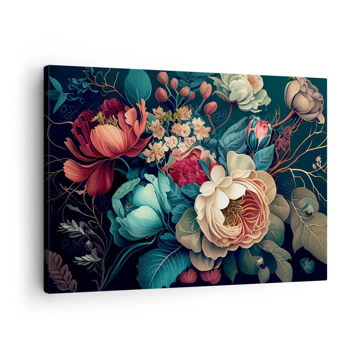 Schilderen op canvas - Een kleurrijke compositie van bloemen op een donkere achtergrond - 70x50cm - 19e-eeuwse charme - Moderne wanddecoratie voor woonkamer en slaapkamer ARTTOR