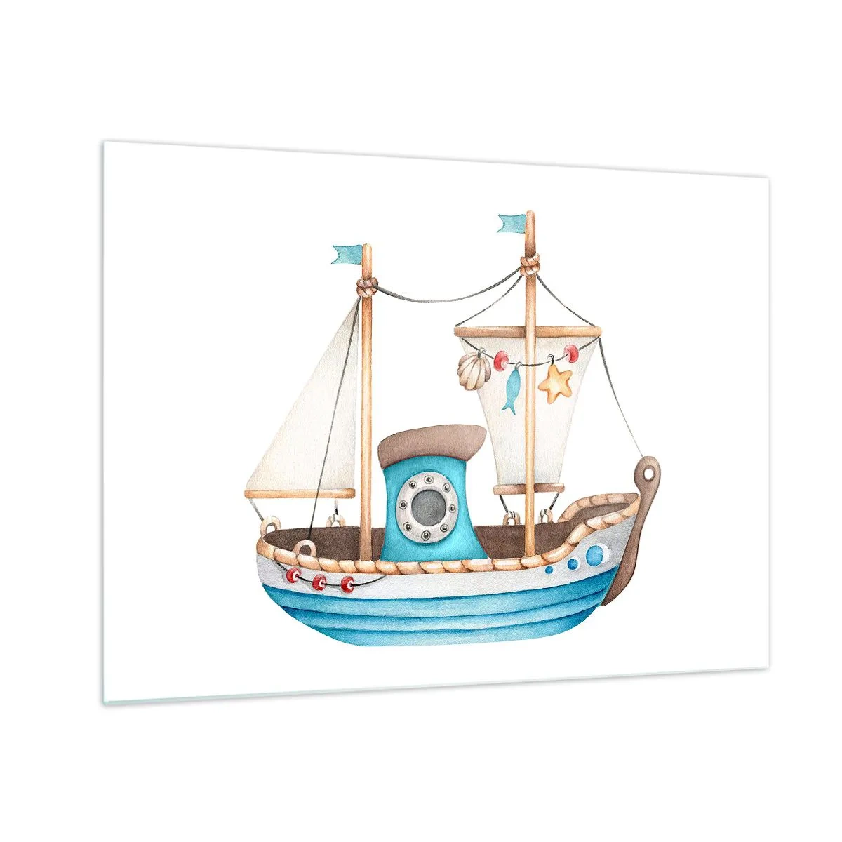 Schilderen op glas - Illustratie van een kinderschip op een witte achtergrond - 70x50cm - Ahoi, avontuur! - Moderne wanddecoratie voor woonkamer en slaapkamer ARTTOR