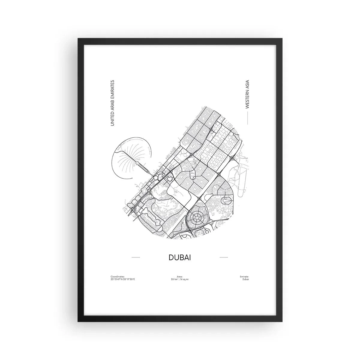 Poster in een zwarte lijst - Minimalistische zwart-witkaart van Dubai - 50x70cm - Anatomie van Dubai - Moderne wanddecoratie voor woonkamer en slaapkamer ARTTOR