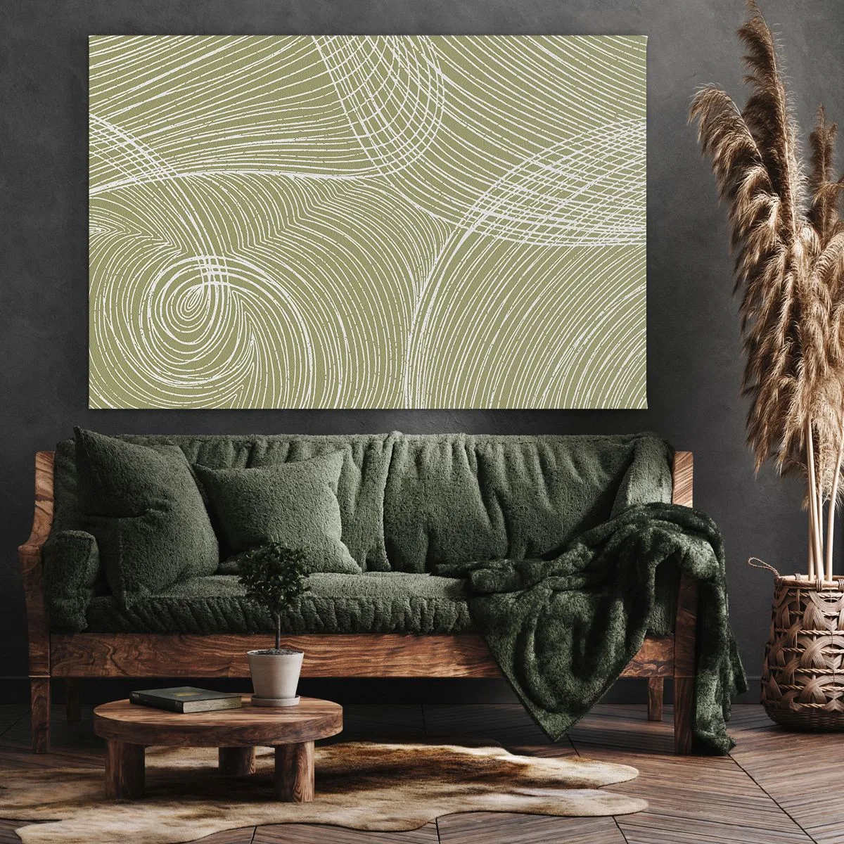 Schilderen op canvas - Groene en witte lijnen in een abstracte compositie - 70x50cm - Ingewikkelde abstractie in wit - Moderne wanddecoratie voor woonkamer en slaapkamer ARTTOR