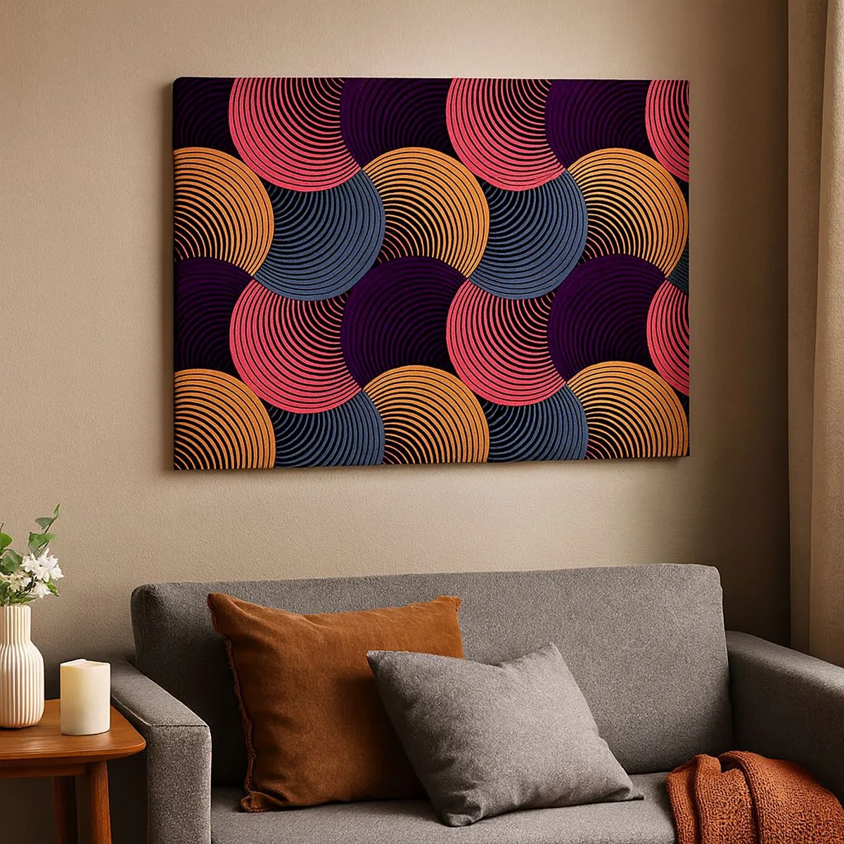 Schilderen op canvas - Geometrische cirkels in tinten roze, paars en goud - 70x50cm - In een cirkelvormig ritme - Moderne wanddecoratie voor woonkamer en slaapkamer ARTTOR