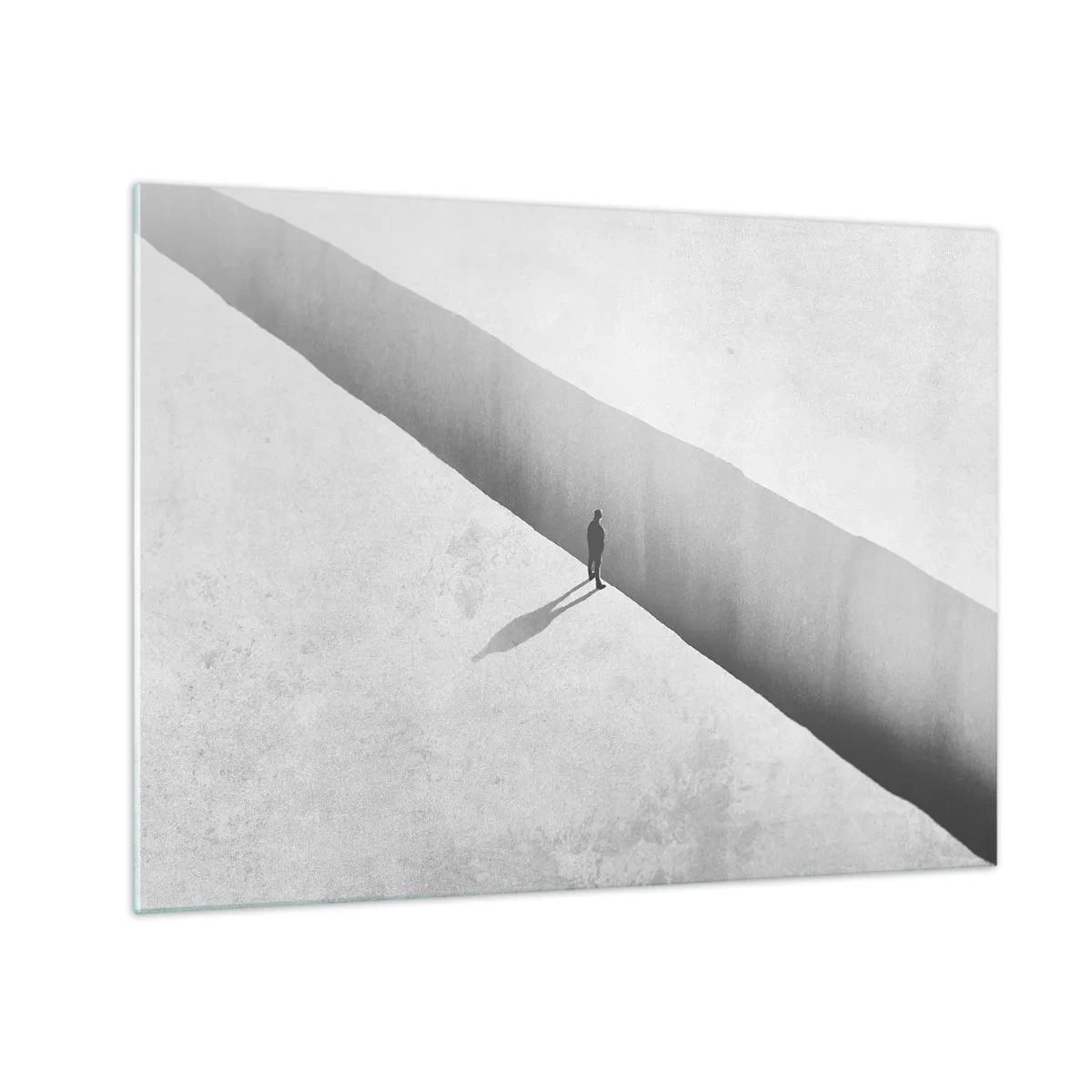 Schilderen op glas - Een minimalistisch silhouet boven een afgrond in een lichte ruimte - 70x50cm - Een duidelijk doel - Moderne wanddecoratie voor woonkamer en slaapkamer ARTTOR