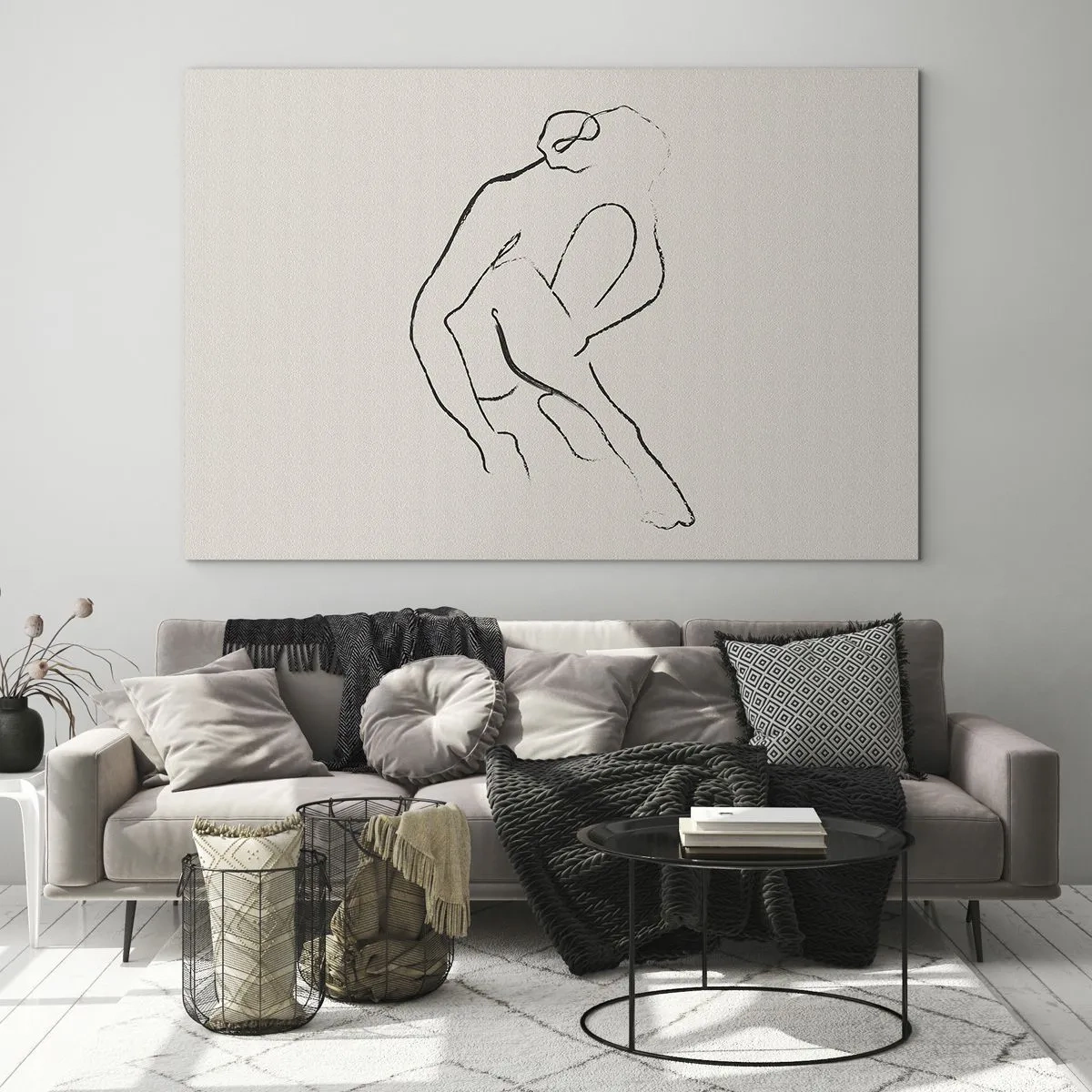Schilderen op glas - Een minimalistische schets van een vrouwelijk silhouet in zittende positie. - 70x50cm - Intieme schets - Moderne wanddecoratie voor woonkamer en slaapkamer ARTTOR